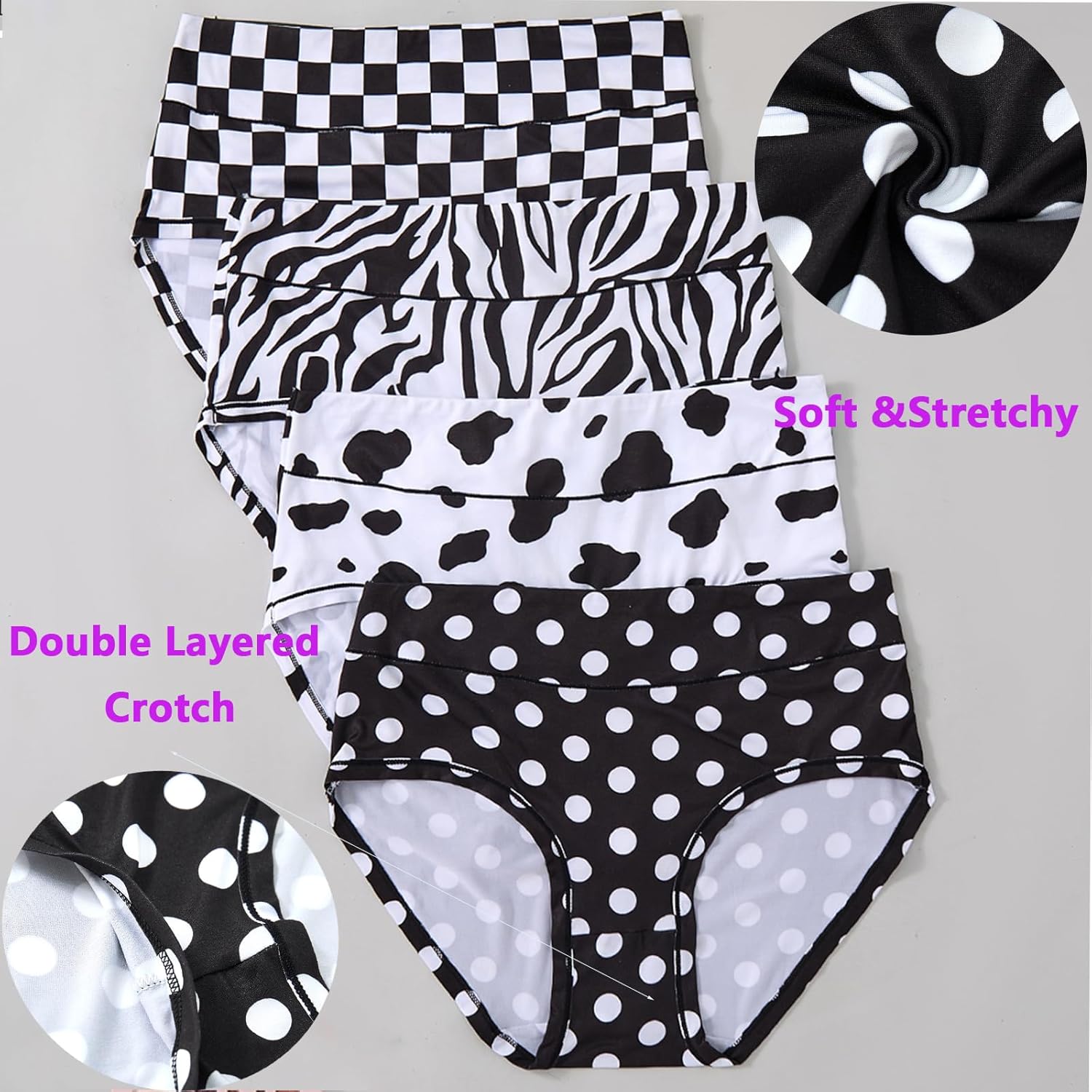 Women's Classic Plus Size Underwear Hipster Briefs Panties XL-5XL High Waisted Ladies Undies Black White Pattern - Image 4