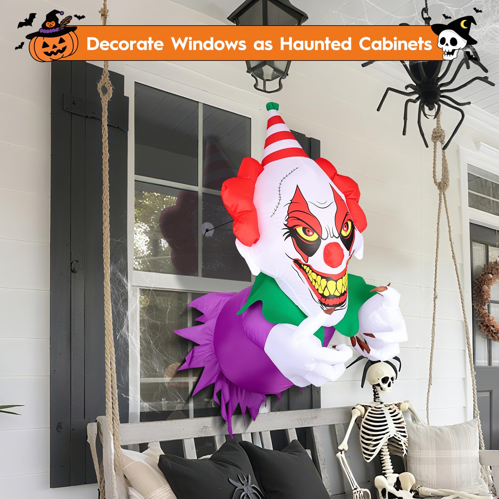Halloween nadmuchiwane straszny klaun wyrwał się z okna, dmuchany klaun na Halloween z wbudowanymi światłami LED, dekoracje halloweenowe okno na zewnątrz, imprezę w pomieszczeniach