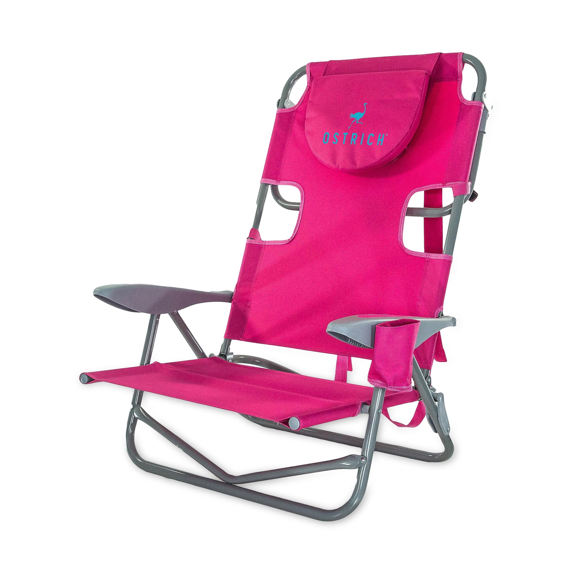 Ostrich the Heavy-Duty Backpacker, Portable Beach Chair with Face Hole, Adjustable Lounge Chair with Face Opening, Cup Holder, & 325lb Capacity, Pink
