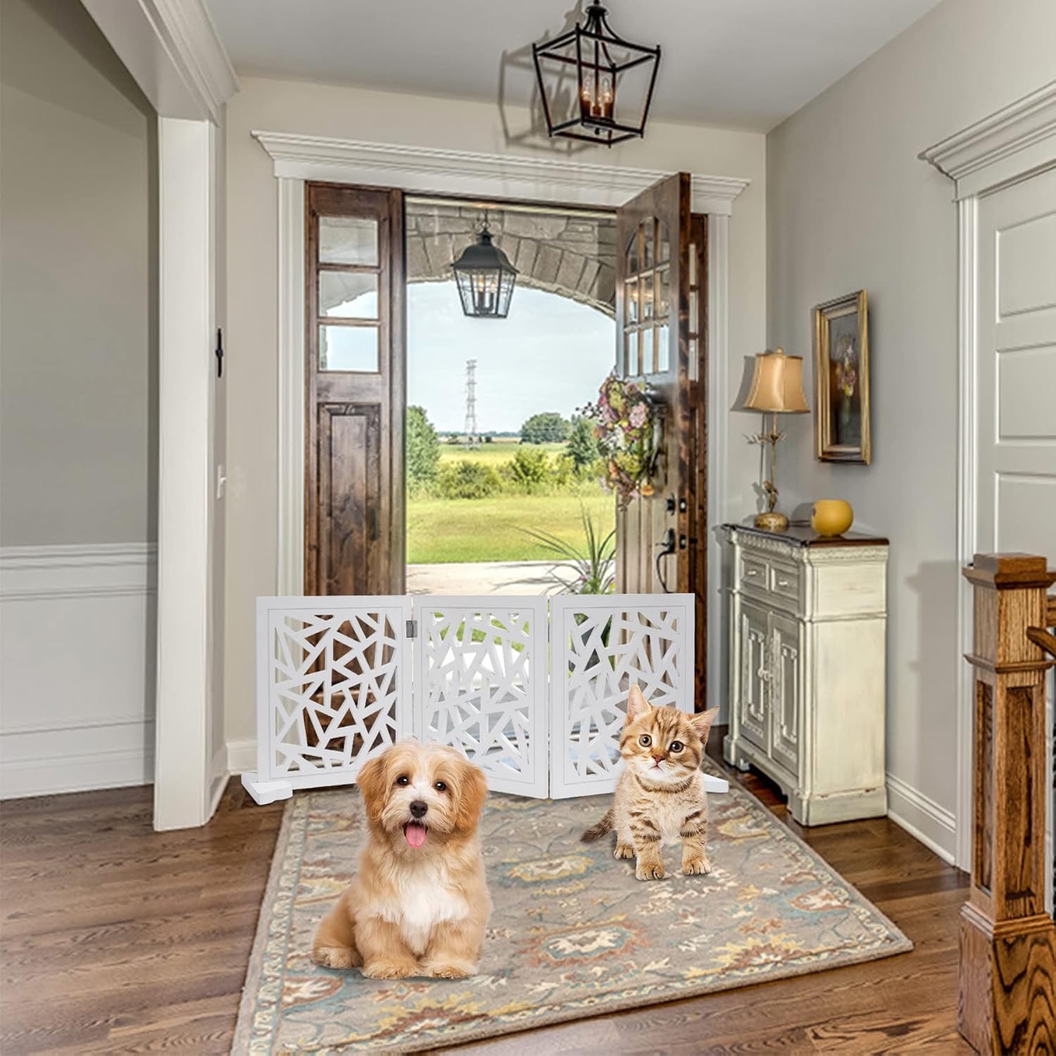 Freestanding Pet Gate Dog Gate, 3-Panel Folding Puppy Gate Wooden Fence Barrier for Small Medium Pet, Indoor Cat Dog Gates for House, Stairs, Doorways with 2Pcs Support Feet, 47" X 18.8"