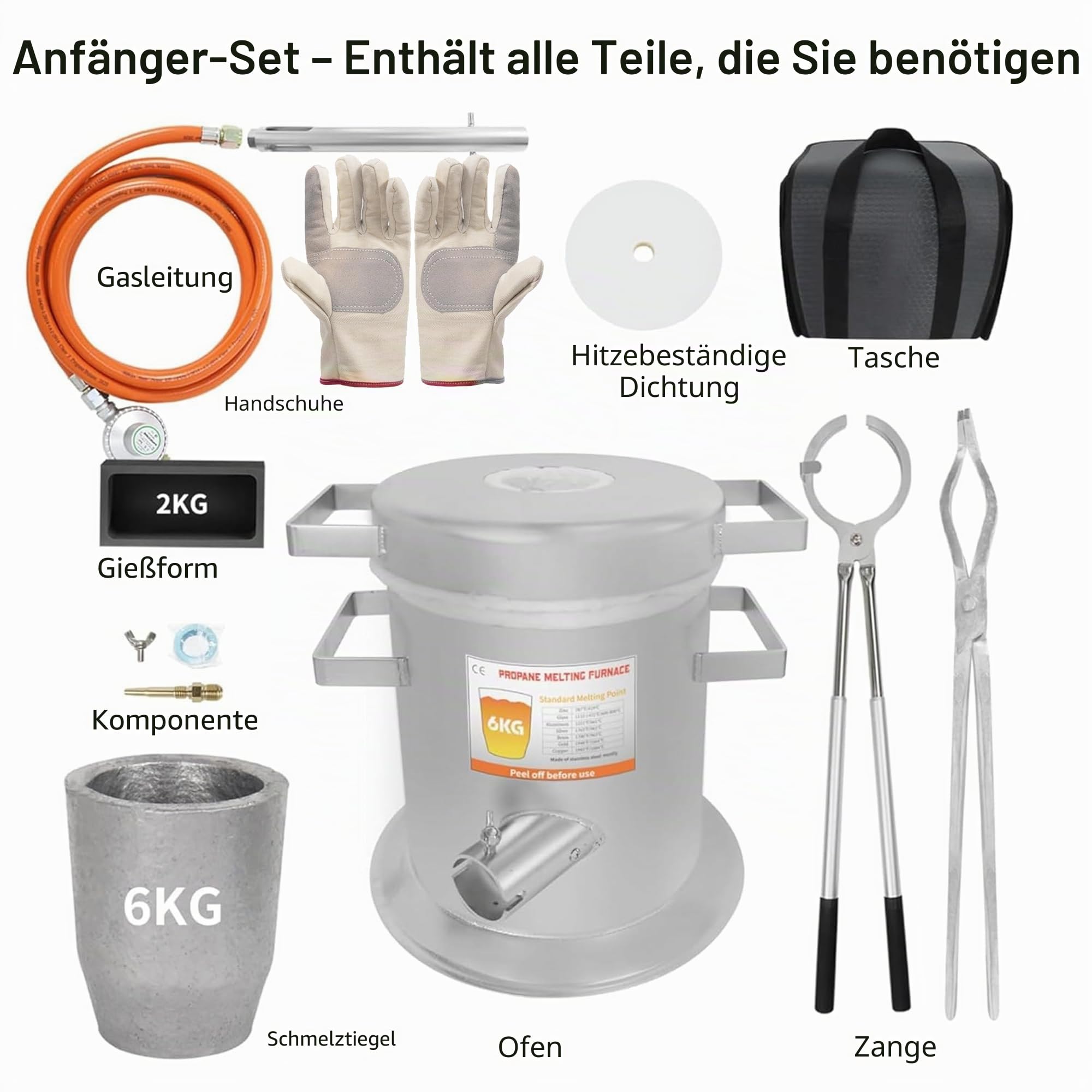 6 kg Propangas-Schmelzofen-Set, bis zu 1400 °C, aus Edelstahl-Fass, schmelzendes Metall, mit Graphit-Tiegel, Barrenform und Hochtemperatur-Handschuhen