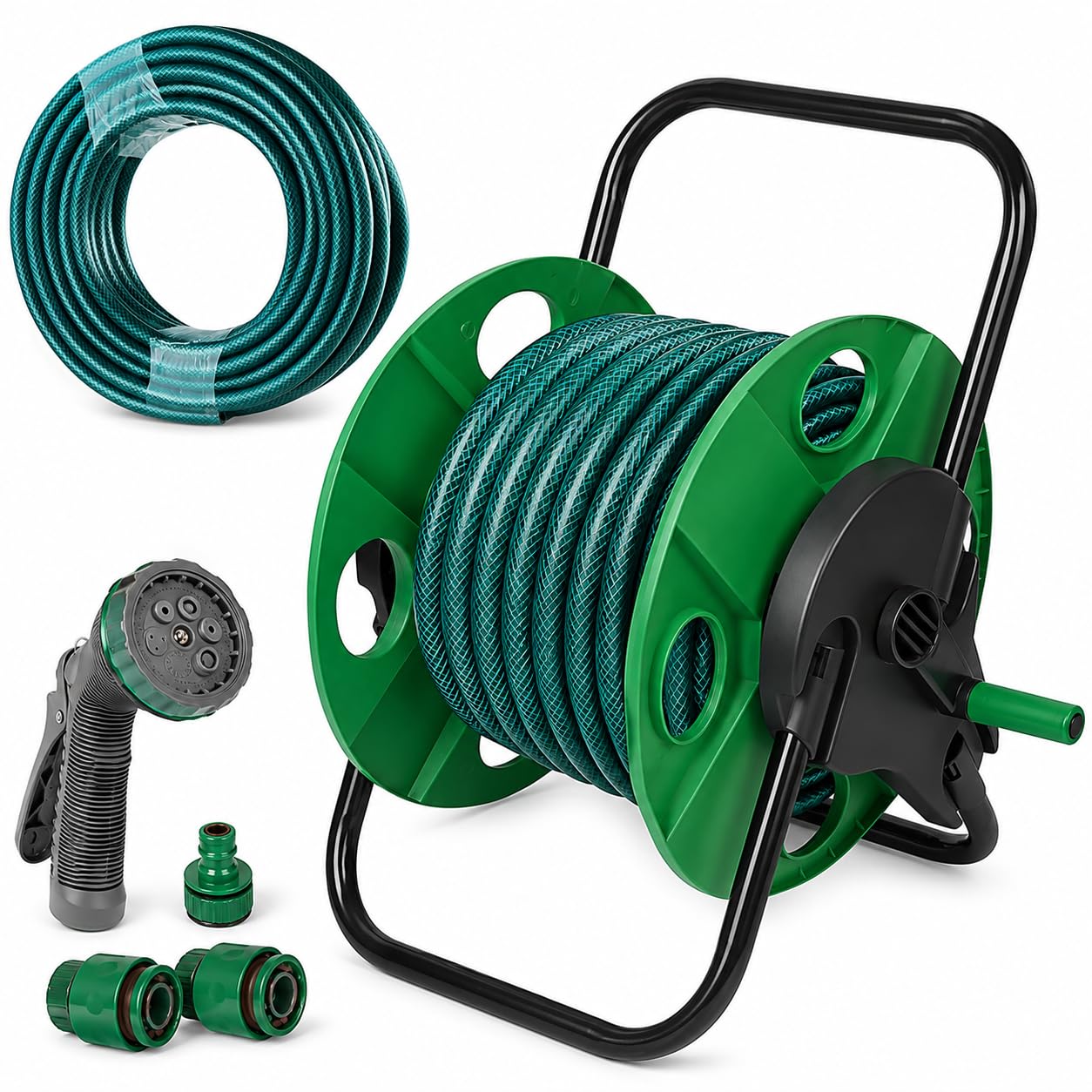 50m Garden Hose Pipe Set with Reel & Spray Gun – Heavy Duty Flexible Water Hose with Hose Reel Cart, Multi-Function Nozzle & Quick Connect Fittings for Garden, Patio & Car Washing