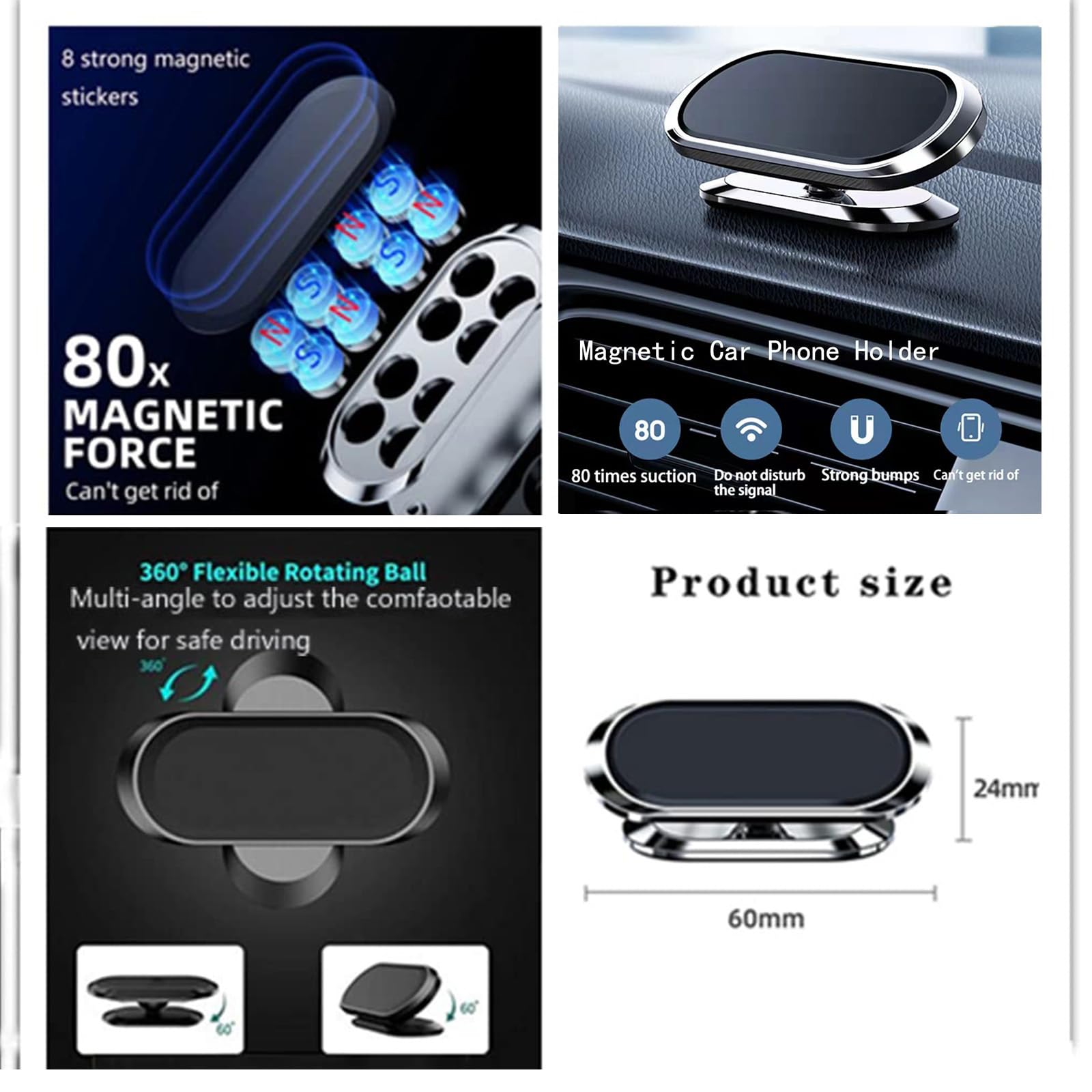 2 Supports Magnétiques Pour Téléphone Voiture - Rotation 360°, Fixation Sur Tableau De Bord - Aimant Puissant, Facile à Installer - 3