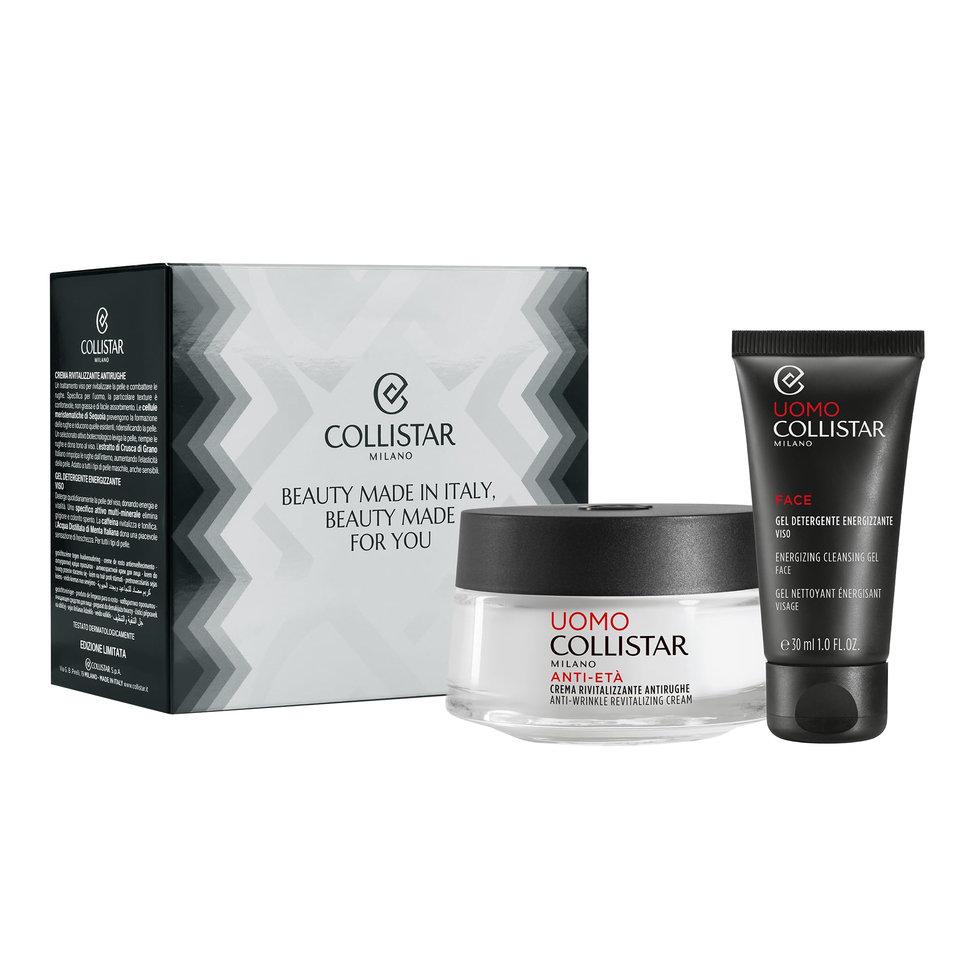 Collistar Cofanetto Regalo Uomo Crema Antirughe Rivitalizzante 50 ml + Gel Detergente Viso Energizzante 30 ml, Pelle Tonica, Antirughe, Freschezza e Vitalità