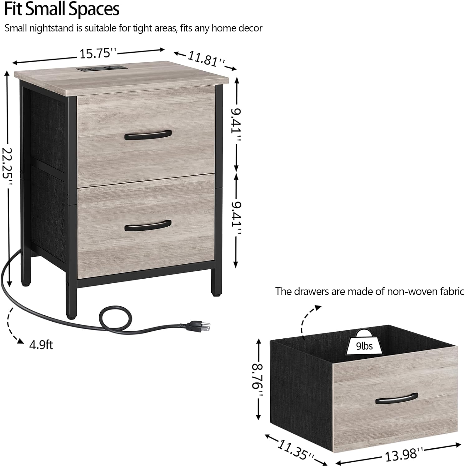 Vagusicc Nightstand Set of 2 with Charging Station, End Table Bedside Table with Power Outlet & USB Ports, Side Table with 2 Fabric Drawers for Bedroom, Living Room, Greige