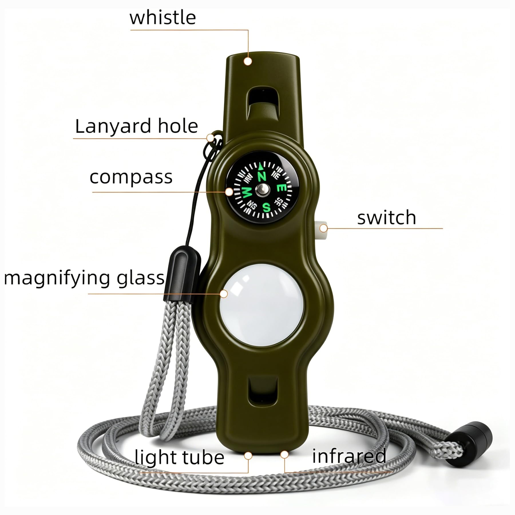 Silbato de seguridad de supervivencia de emergencia, silbato para niños con cordón, brújula, termómetro, ideal para kayak, canotaje, senderismo, camping, escalada