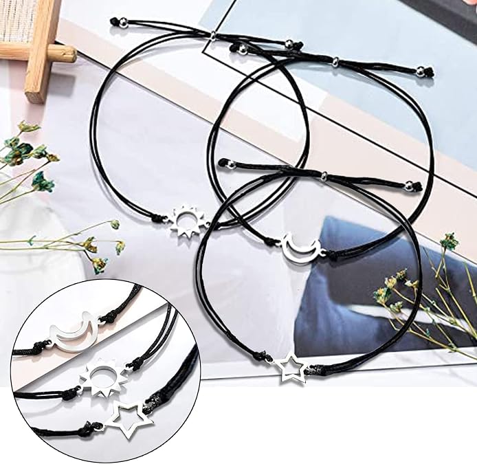 3 PCS Friendship Bracelets for 3 Best Friend Couples with Moon Sun Star Adjustable Handmade Cord Relationship Bracelets