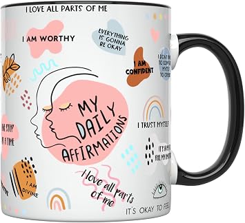 YouNique Designs Daily Affirmations Self Care Mug for Women, 11 Ounces, Mental Health Cup, Empowering Coffee Mug, Mindfulness, Encouragement Black Handle
