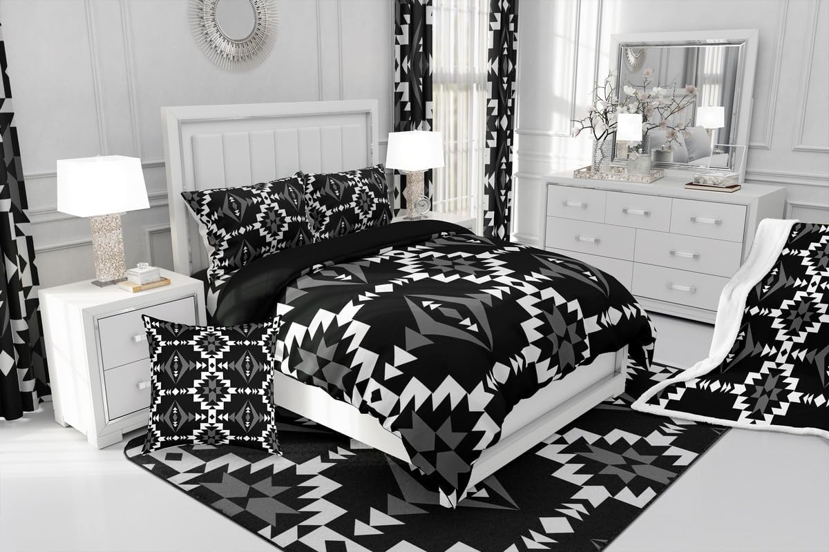 Western Aztec Comforter Cover King Size, Native American Navajo Duvet Cover For Boys Teens, Southwestern Geometric Bedding Set Ethnic American Native Bed Set Rustic Farmhouse Decor, Black White