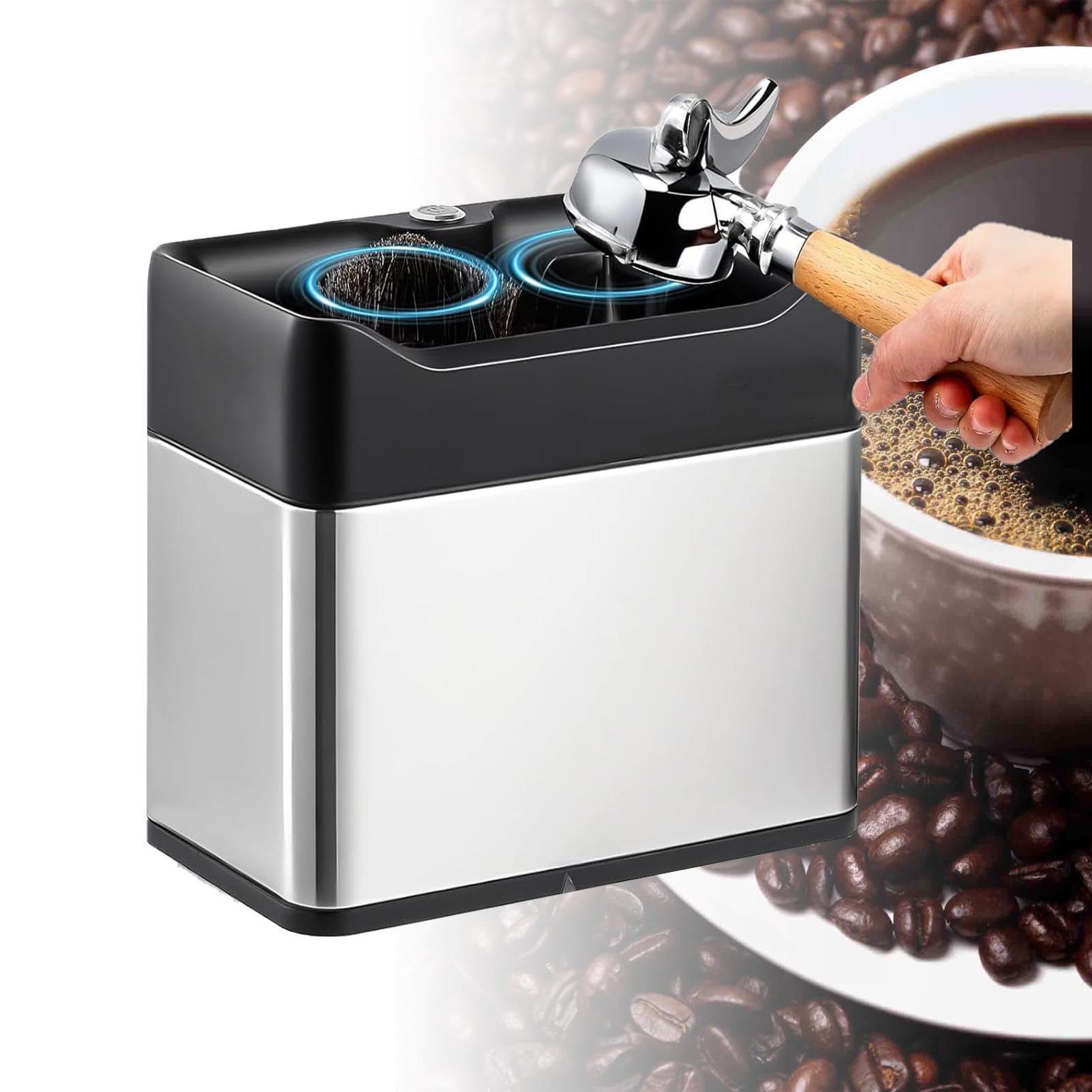 Pulitore Automatico per portafiltro, pulitore Elettrico per portafiltro Espresso, per la Pulizia del Disco di caffè Espresso con testine a Spazzola e 2 raschietti Silver