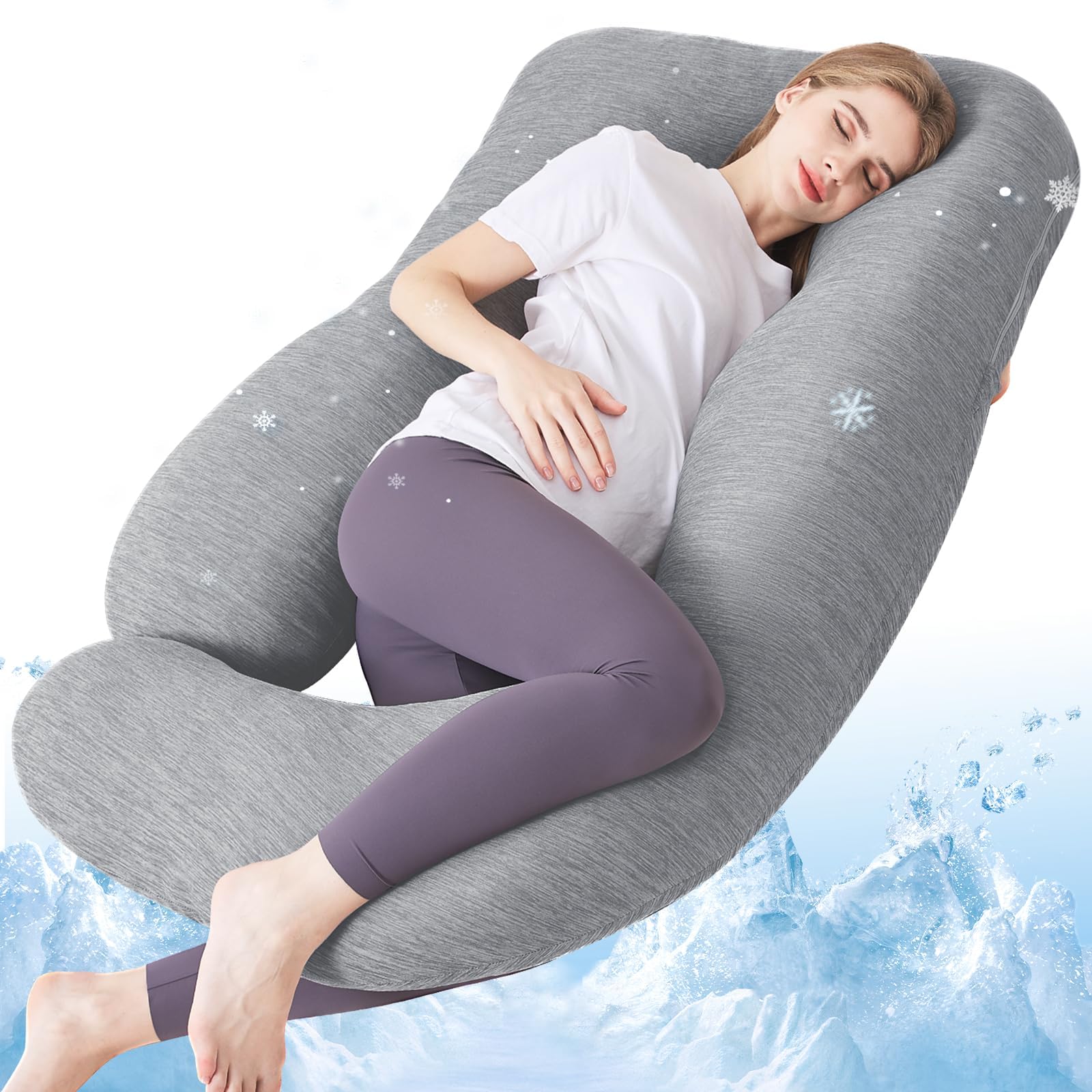 Sasttie Pregnancy Pillow Cooling, Pregnancy Pillow for Sleeping, Cooling Maternity Pillows for Pregnant Women, Pregnancy Must Haves U-Shaped Full Body Pillow with Cooling Cover, Grey
