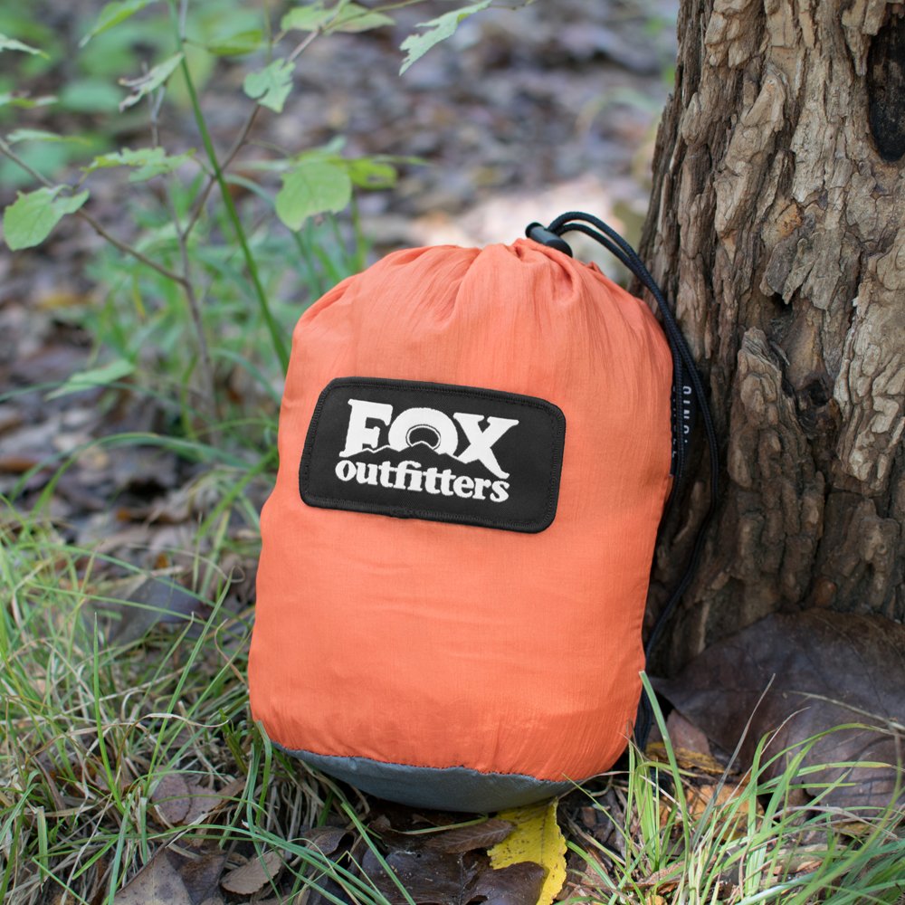 Fox Outfitters Neolite Single Camping Hammock - Lightweight Portable Nylon Parachute Hammock for Backpacking, Travel, Beach, Yard. Hammock Straps & Steel Carabiners Included (Grey/Orange)