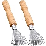 Boao Hair Brush Cleaner, 2 Pieces Mini Hair Dirt Remover Brush with Metal Wire Rake, Wooden Handle for Home and Salon Use(Handle with Groove)