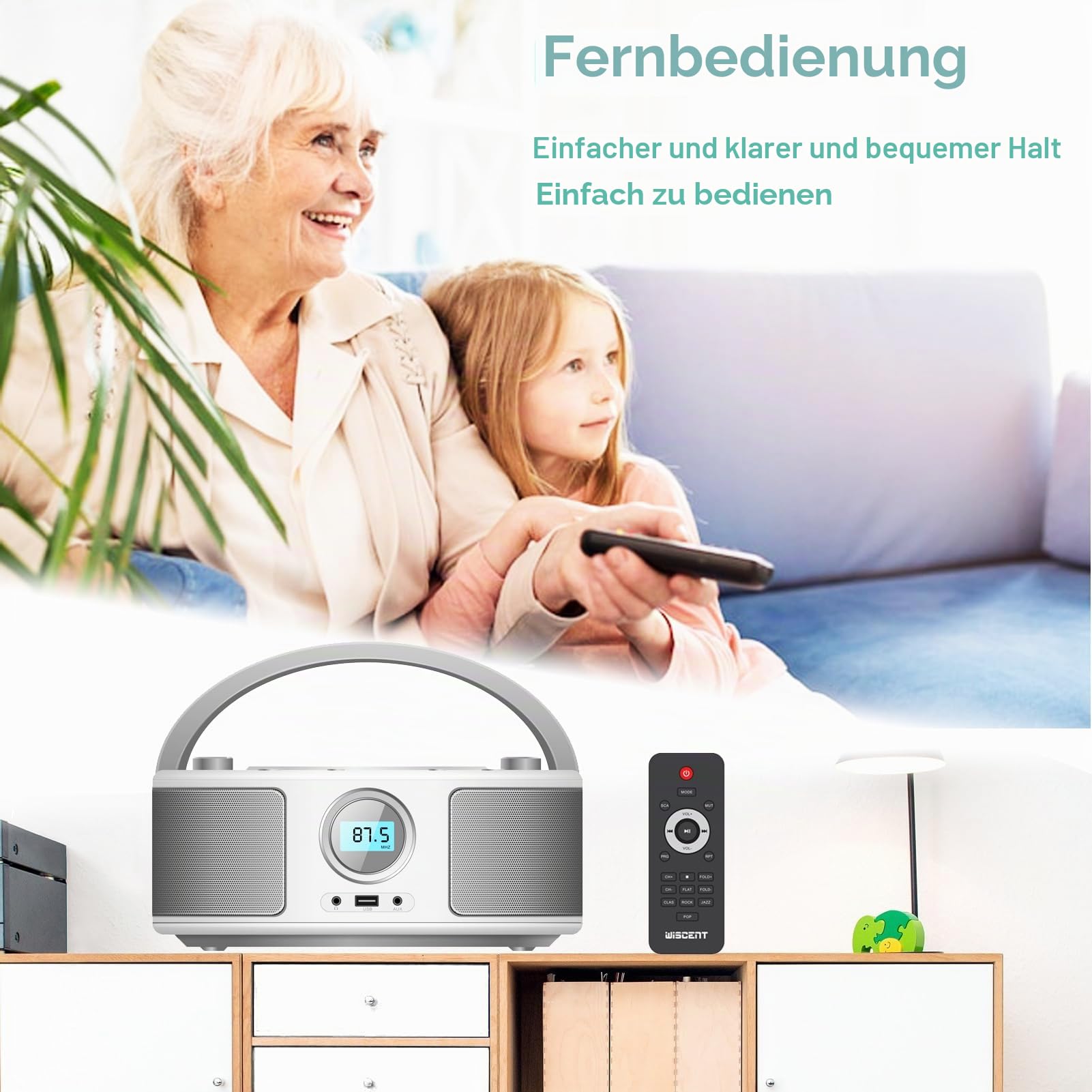 Tragbar CD Radio Boombox mit Bluetooth (CD-Player, Fernsteuerung, Bluetooth, UKW Radio, USB, AUX-In, 2 x 2 Watt RMS),Radio mit CD Player Stereoanlage