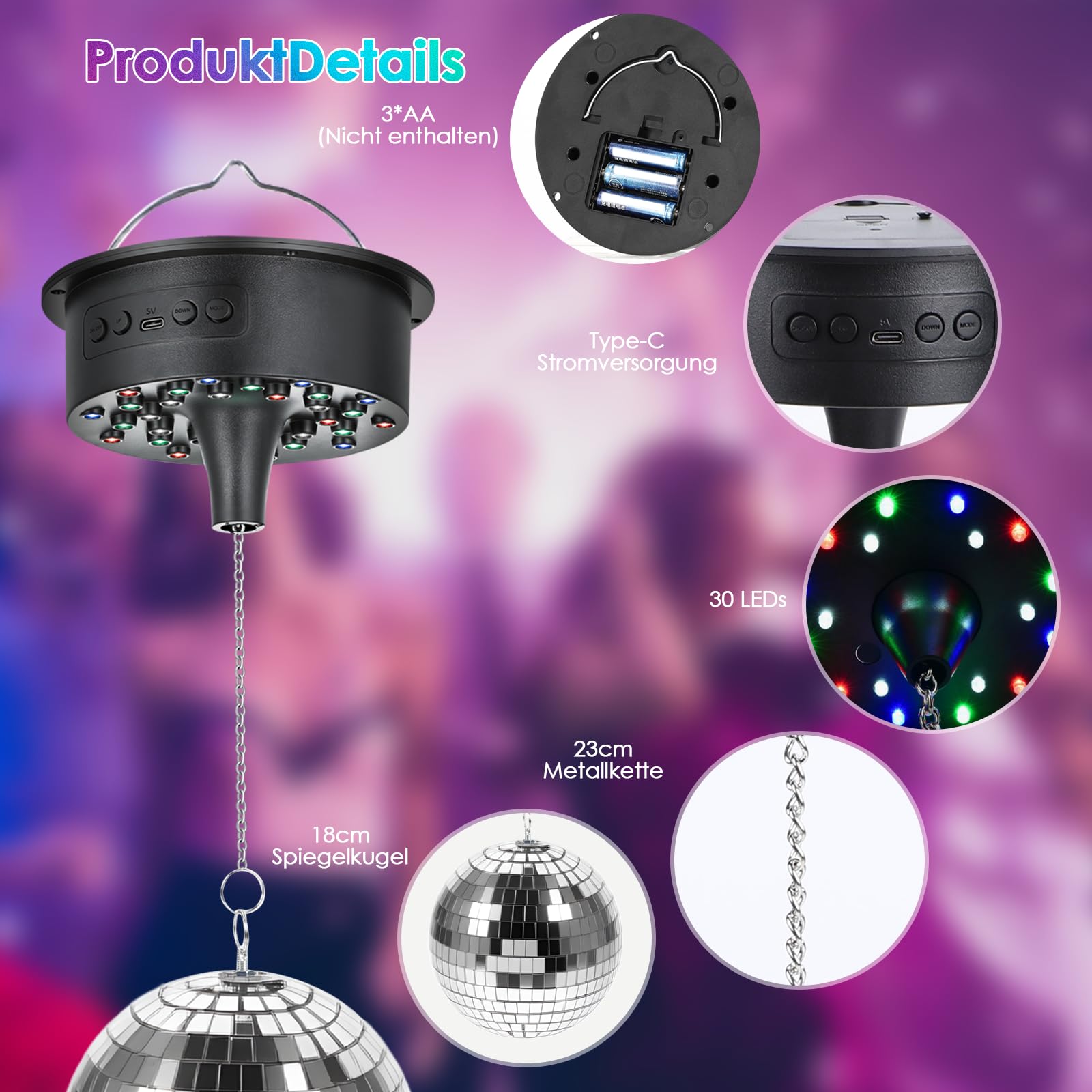 Tomshine Discokugel mit Motor und Licht 18cm - Rotierende Spiegelkugel Set mit 30 RGB LEDs, 6 Geschwindigkeiten, Fernbedienung & Musiksteuerung, Batterie/USB Disco Licht für Party Kinderzimmer