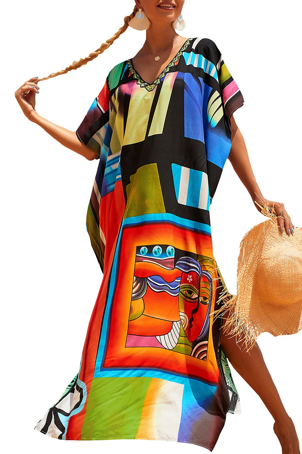 L-Peach Vestido de Playa Kimono Pareo Kaftan Maxi Pareos Bikini Cover Up para Mujer