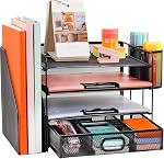 Organisateur de bureau avec support de fichier, 4-Tier Organisateur de bac à papier lettre avec tiroir & 2 Supports de stylo, Organisateurs de bureau et accessoires, Organiseur de fichiers de bureau Mesh et stockage pour les fournitures de bureau