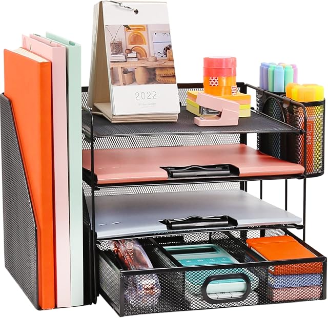 Organisateur de bureau avec support de fichier, 4-Tier Organisateur de bac à papier lettre avec tiroir & 2 Supports de stylo, Organisateurs de bureau et accessoires, Organiseur de fichiers de bureau Mesh et stockage pour les fournitures de bureau