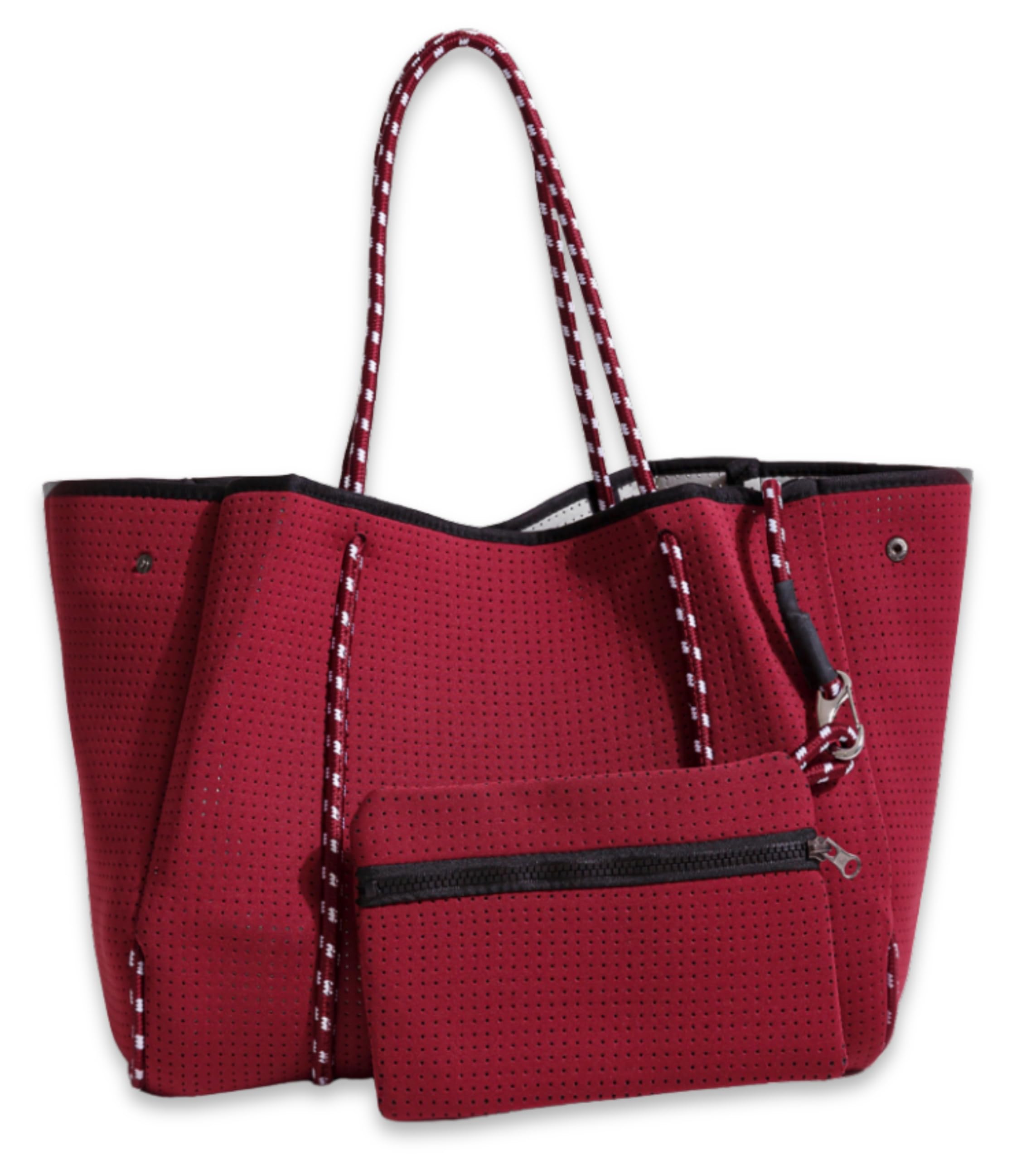 POPUPS Large Neoprene Tote Bag for Women - Everyday Designer Handbag for Travel Work and Beach with Pockets and Zipper Pouch (Burgundy)