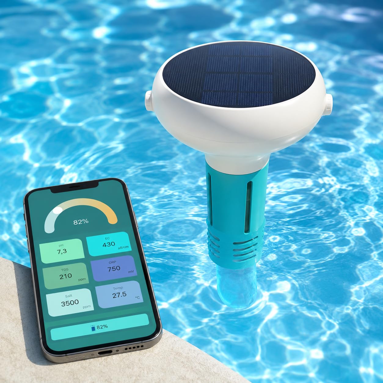 Inteligentny tester wody w basenie, 7 w 1 Bluetooth WiFi pływający monitor do pH, ORP, TDS, soli, temperatury, chloru, jacuzzi i basenów