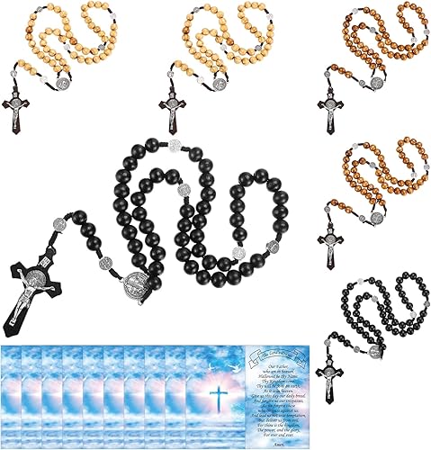 Cunno 6 juegos de collar de cuentas de rosario de madera a granel para hombres y mujeres, rosarios católicos, collar de crucifijo, cuentas de