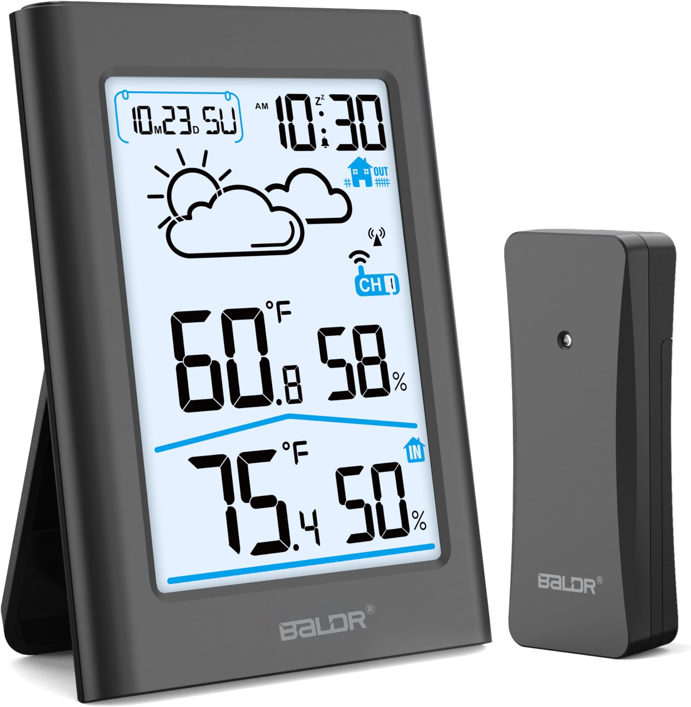 BALDRWeather Stations Wireless Indoor Outdoor,4.5 Inch Display Temperature and Humidity Monitor, Battery Weather Station with 330ft Range Sensor and Adjustable Backlight