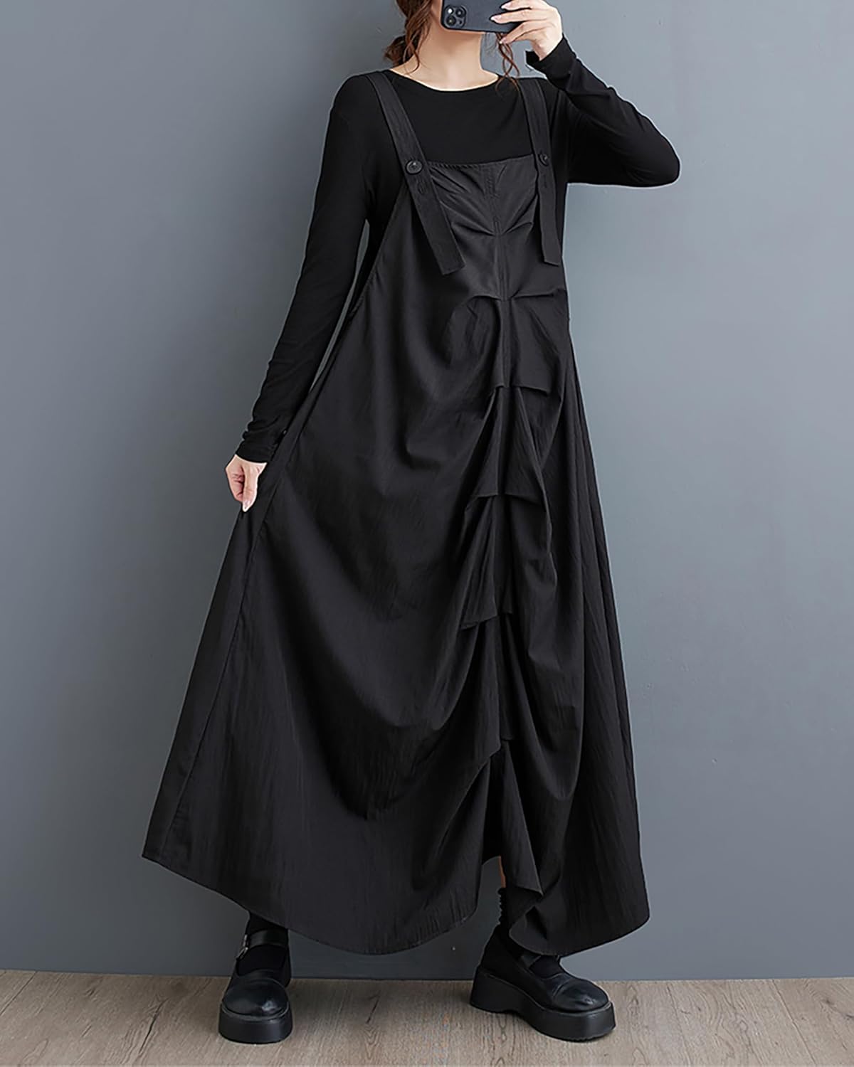 ellazhu Women's Vest Dress Irregular Hem Solid Black Strap Shoulder Buttoned Loose Oversize Fall GZ262 A