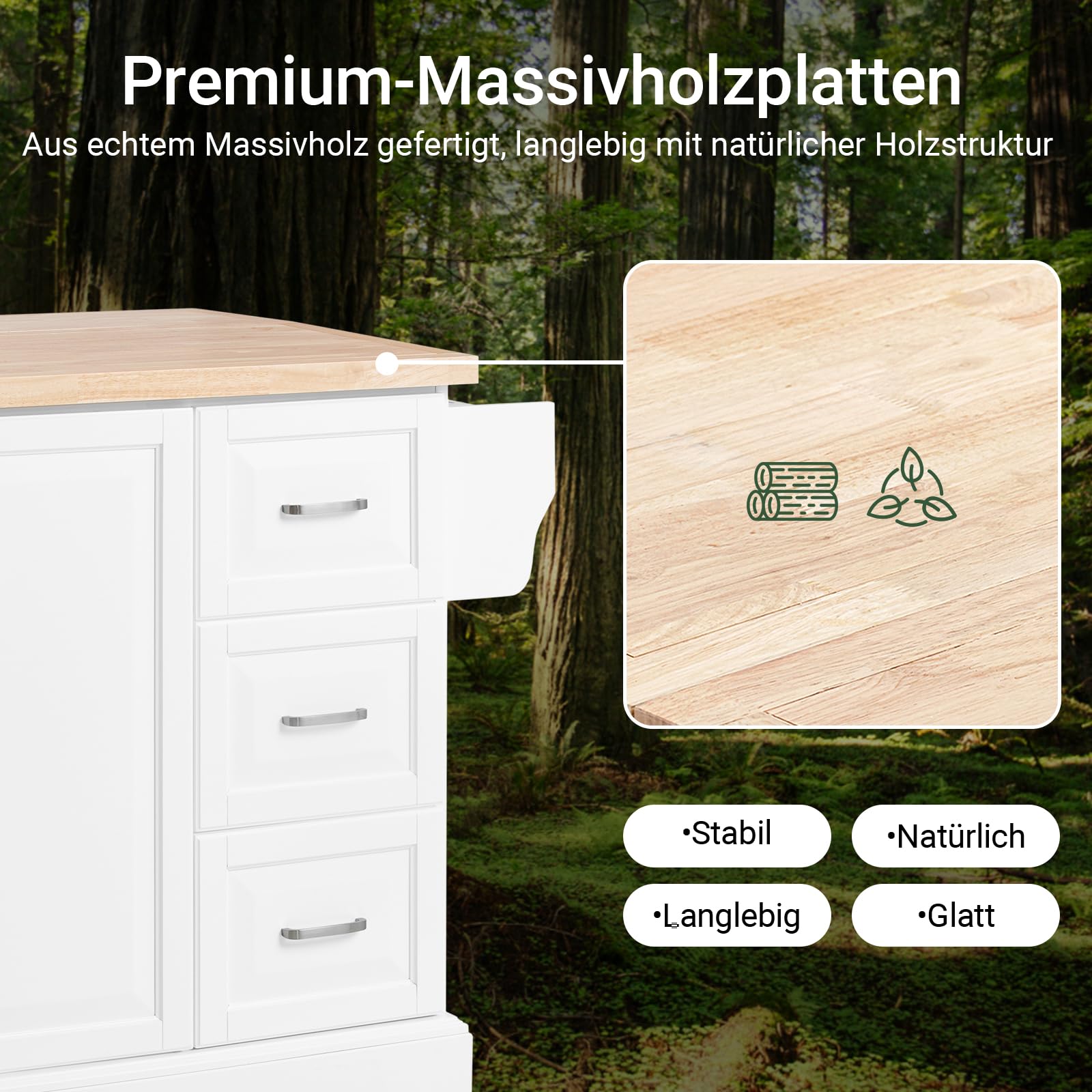 SoBuy Kücheninsel mit Rollen, mobiler Küchenwagen mit ausklappbarer Massivholz-Arbeitsplatte und 3 Schubladen, mobiler Küchenschrank für kleine Küchen und Familien, Weiß, 130x91x(46-71) cm FKW41-II-WN
