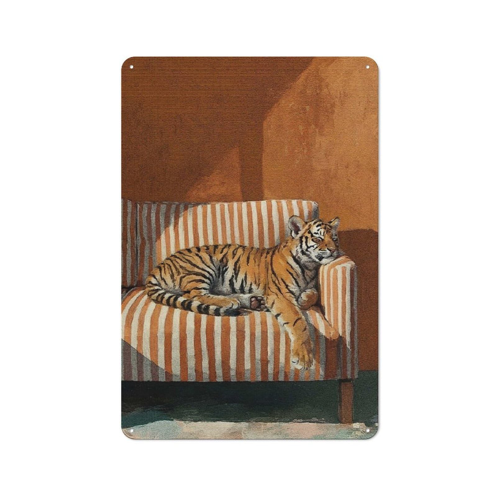 Junmoney Style-10 Tin Wall Plaque 30X20cm With Resting Tiger On Striped Couch For Hallway Wall, Suited To Hallway Decor Lovers, For Retro Home Interiors