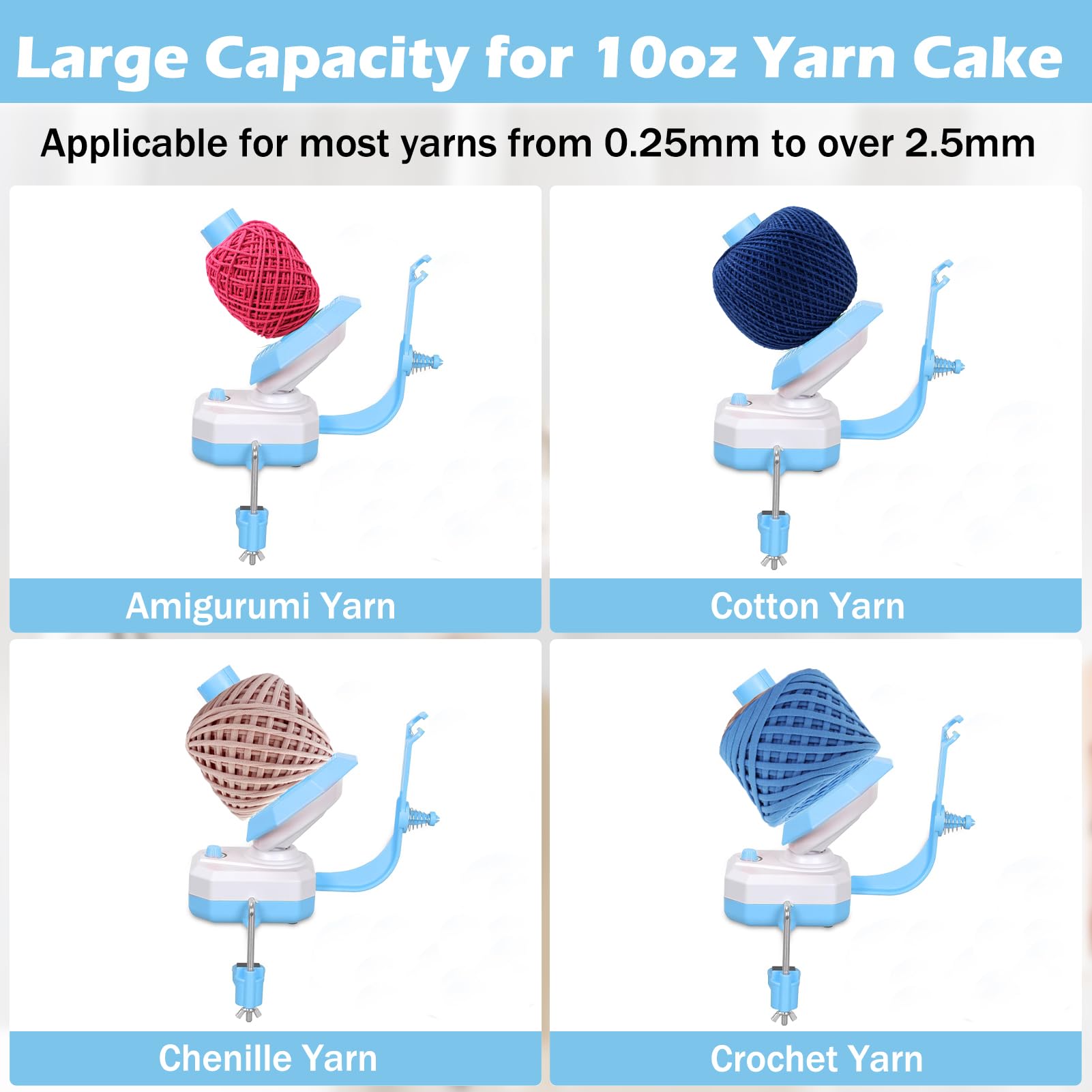Eléctrico Yarn Winder, 10 Oz De Capacidad Bobinadora De Hilo con Ajuste Continuo De La Velocidad, Manos Libres Automático Ovilladora para Ganchillo Y Costura, Azul
