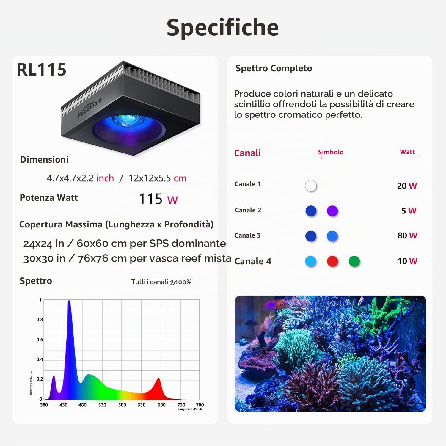 PopBloom RL115 WiFi LED Acquario Marino 120W, Lampada Acquario Marino a Spettro Completo per acquario di pesci SPS/LPS, L'APP supporta l'italiano