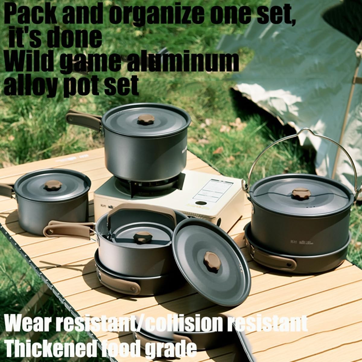 Portable Outdoor cooking equipment - 2-3 person camping pot set with folding pot and kettle Perfect for Outdoor Camping