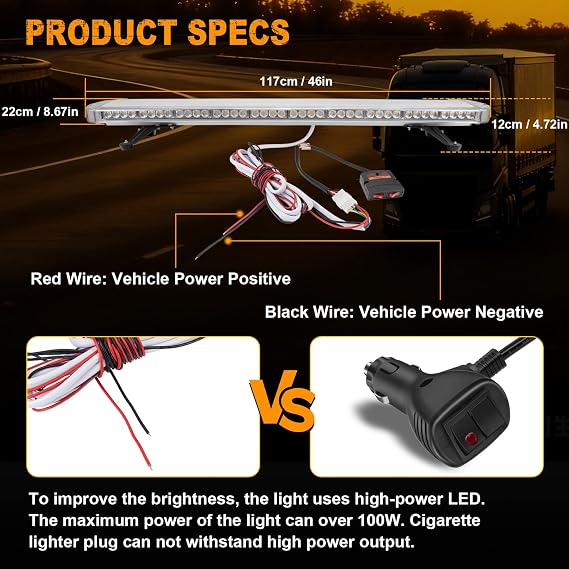 46 Inch Rooftop Strobe Emergency Light Bar, 88 LED High Intensity Amber Flashing Beacon, Bolt Mounted LED Warning Lights with Control Panel for Trucks Contruction Vehicles Safety 12-24V