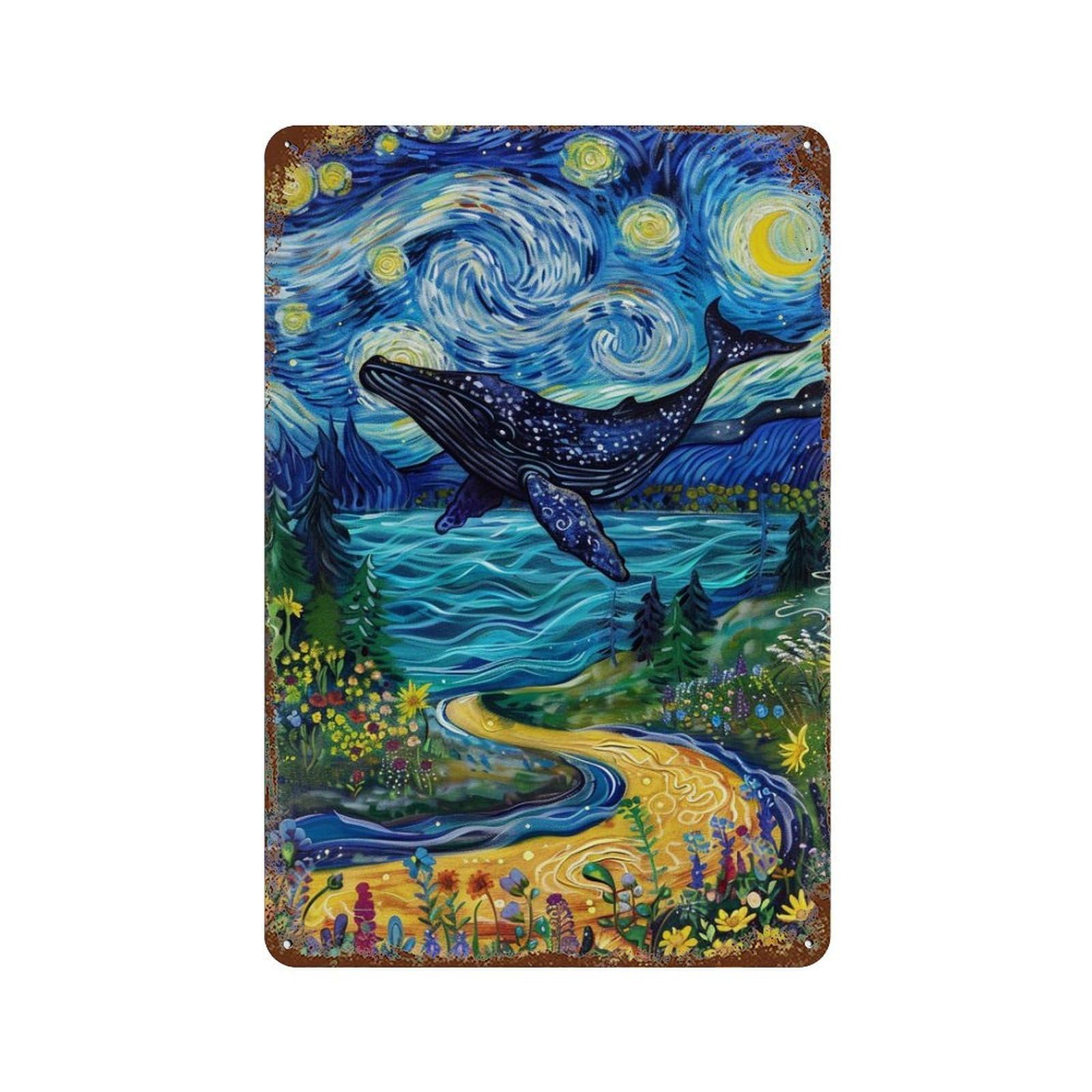 Vintage Metal Tin Sign Whale in Starry Night Landscape 11.8"x7.9", Classic Wall Plaque for Pub, Kitchen And Man Cave Decor