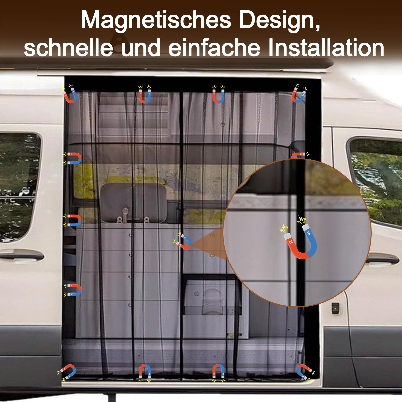 Magnetischer Fliegengitter, 180,3 x 149,9 cm, Wohnmobil-Vorhang, zentraler magnetischer Fliegengitter für Mercedes-Benz Sprinter, Vans und andere Camper, geeignet für