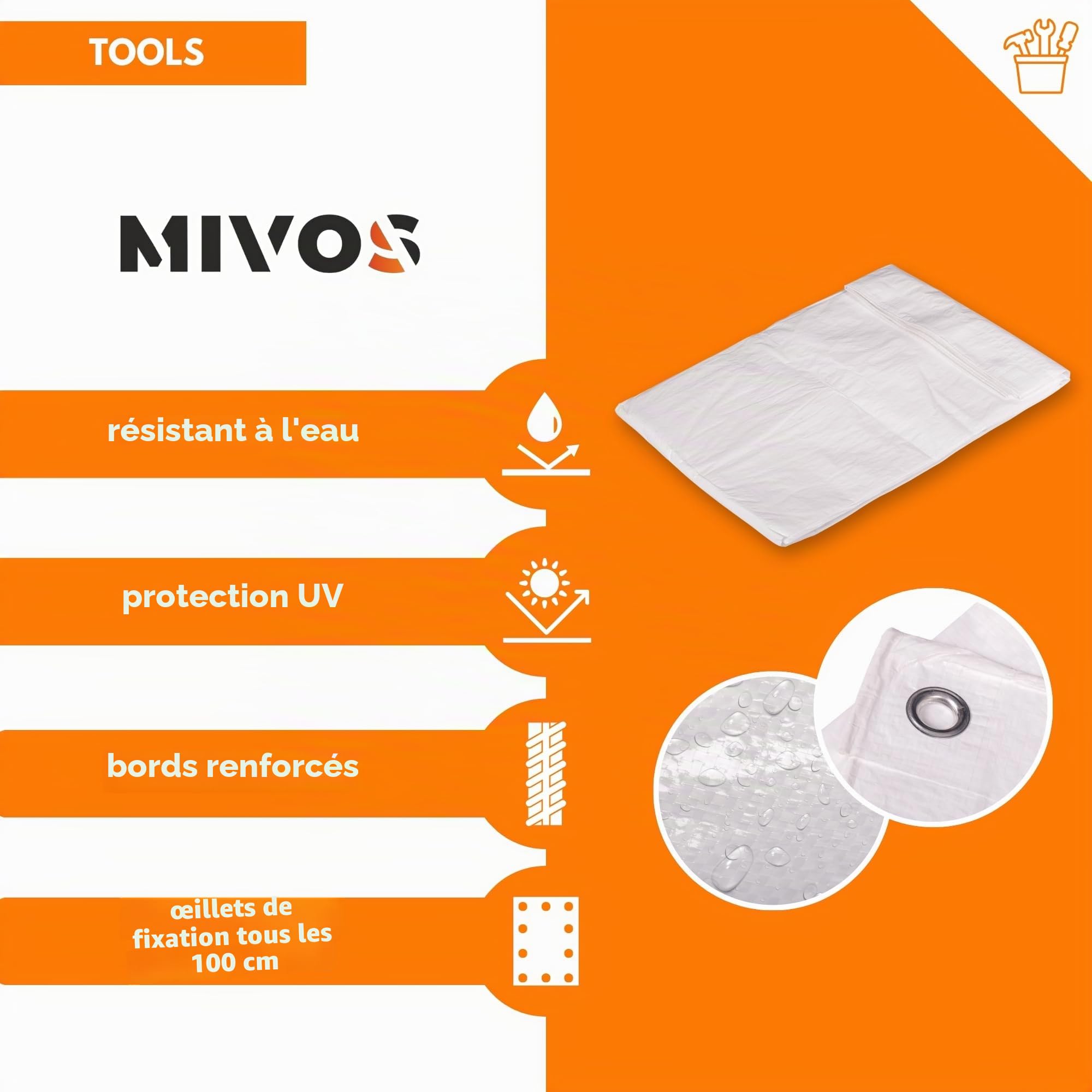 Mivos Bâche de Protection Imperméable 4 x 5 m - Blanc - Tissu PP-PE 60 g/m² - Bâche Universelle résistante à la moisissure pour Voiture Meubles de Jardin Bois - avec œillets en Aluminium