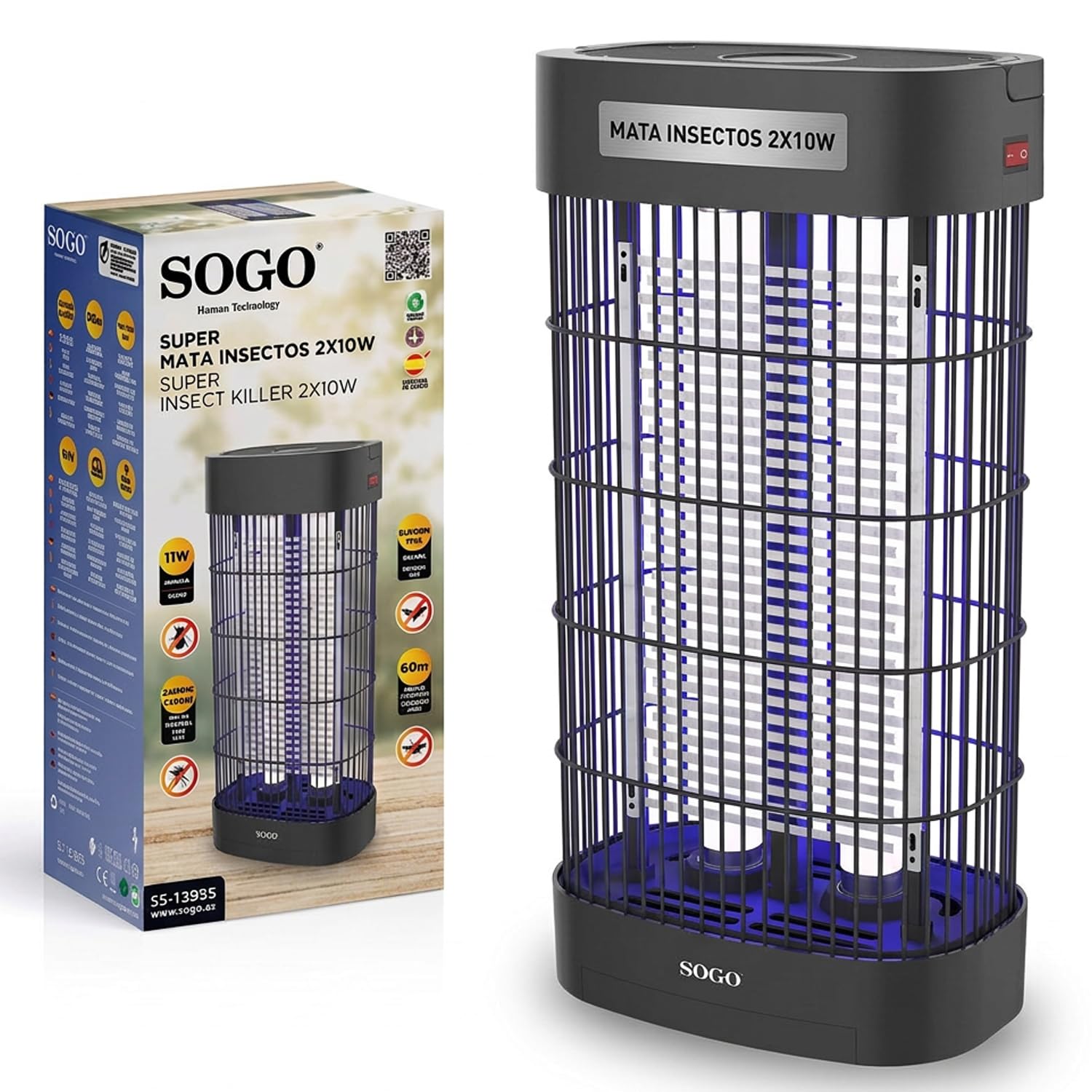 Sogo Lámpara Antimosquitos Eléctrica 2x10 W para hasta 80 m² - Mata Mosquitos Eléctrico sin Químicos ni Olores - Mata Moscas Eléctrico con Luz y Bandeja Extraíble para Interior