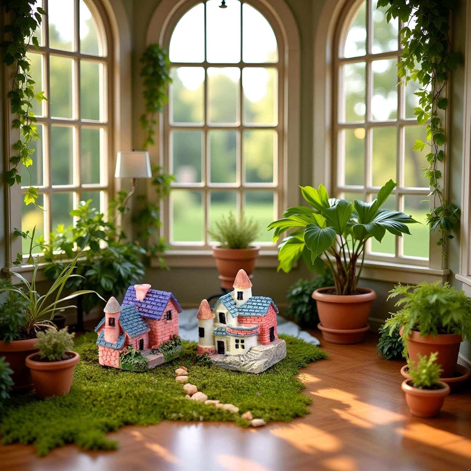 2-Pack Mini Resin Fairy House Set - DIY Enchanted Cottage Decor for Terrariums/Bonsai/Dollhouses, Whimsical Yard and Desk Ornaments (Castle Design, Indoor/Outdoor Use)