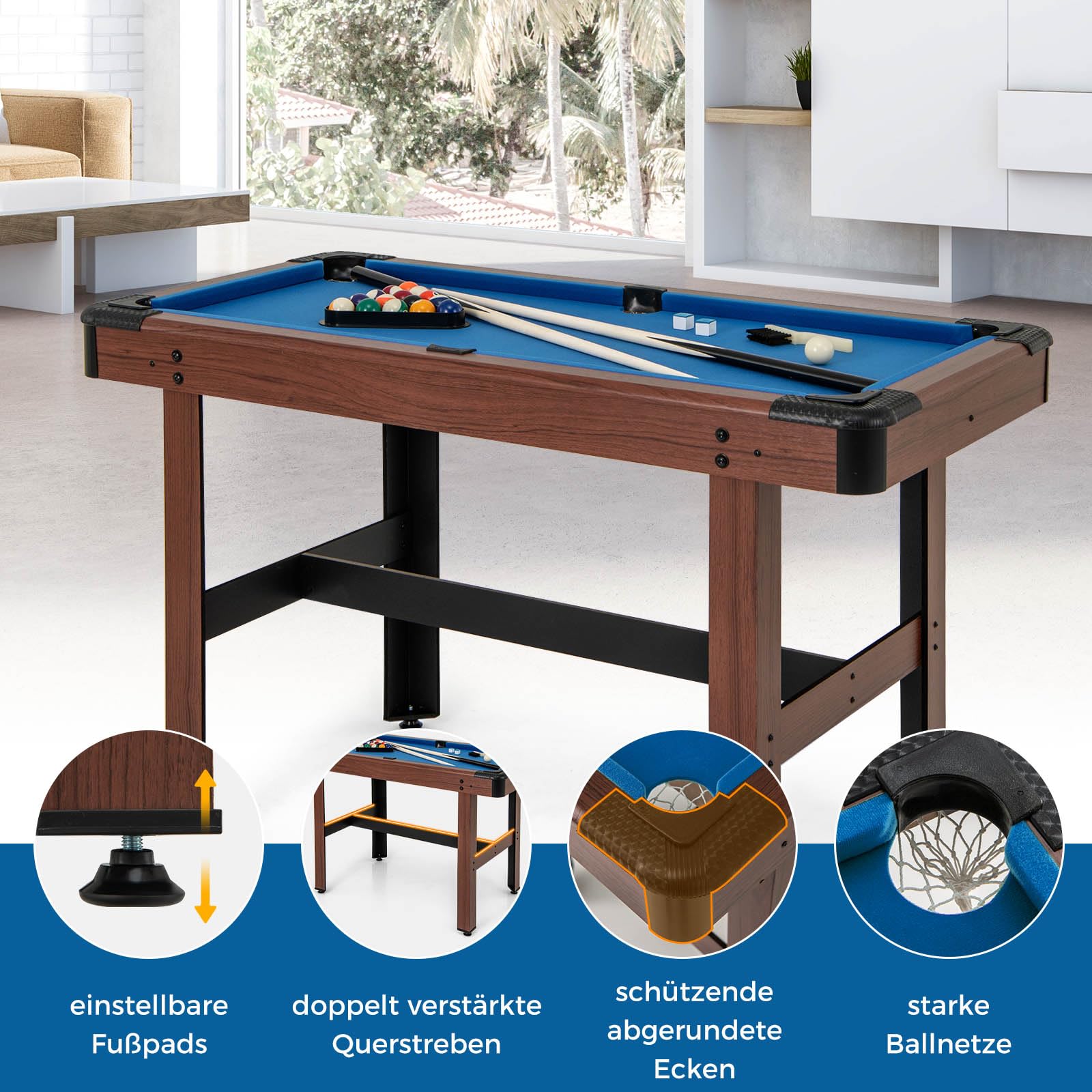 GOPLUS Billardtisch aus Holz mit 16 Billardkugeln, 2 Queues, Dreieck & Bürste, Spieltisch für Kinder & Erwachsene