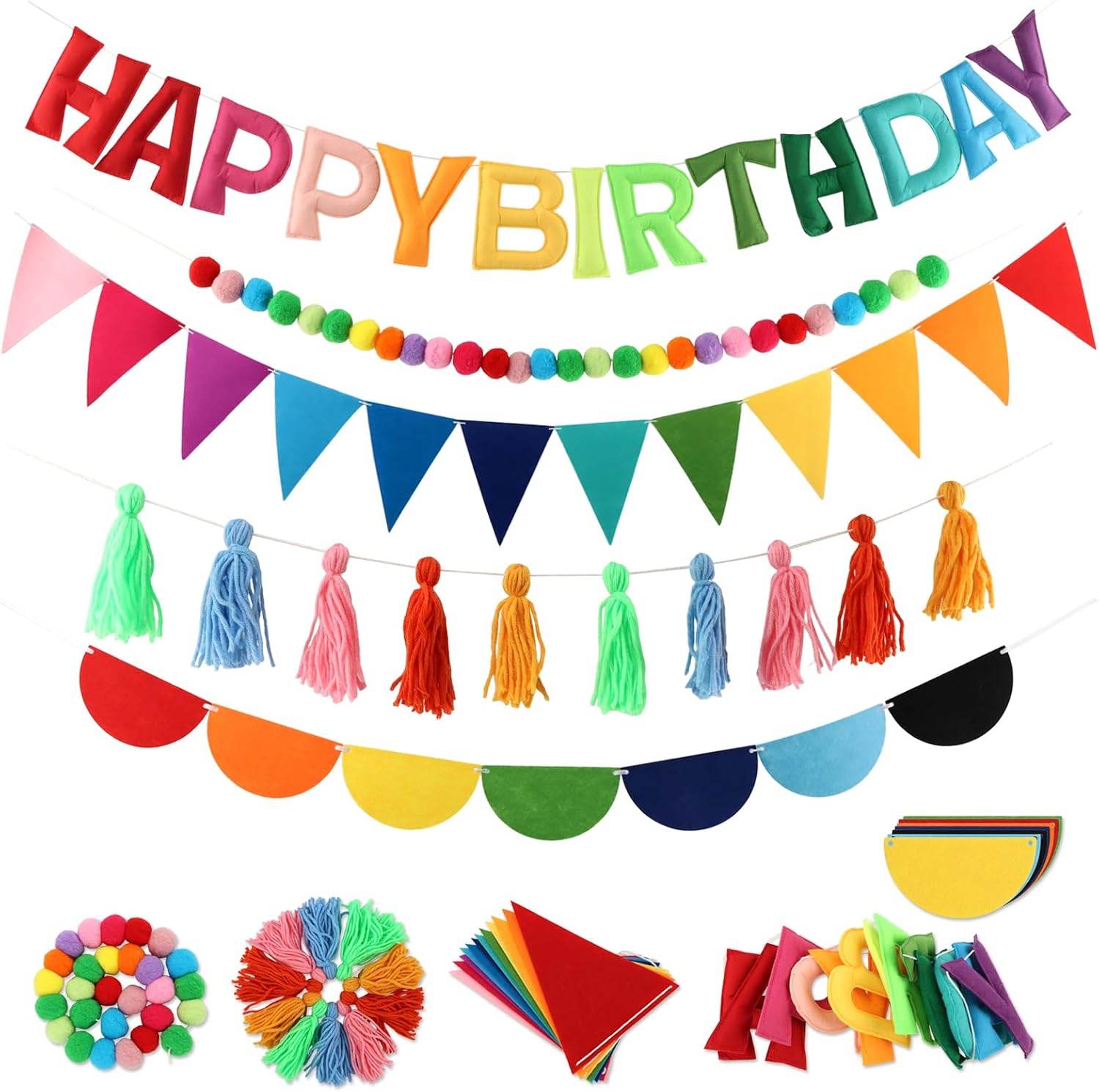 5 Pcs Pre-Strung Happy Birthday Banner, Colorful Reusable Felt Party Decor