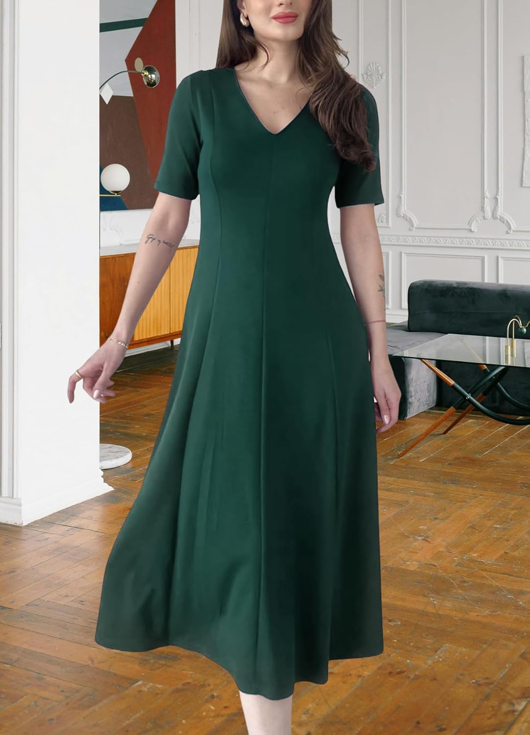 Women’s Elegant V-Neck Midi Dress Short Sleeve Fit and Flare A-Line Business Work Dresses - Image 5
