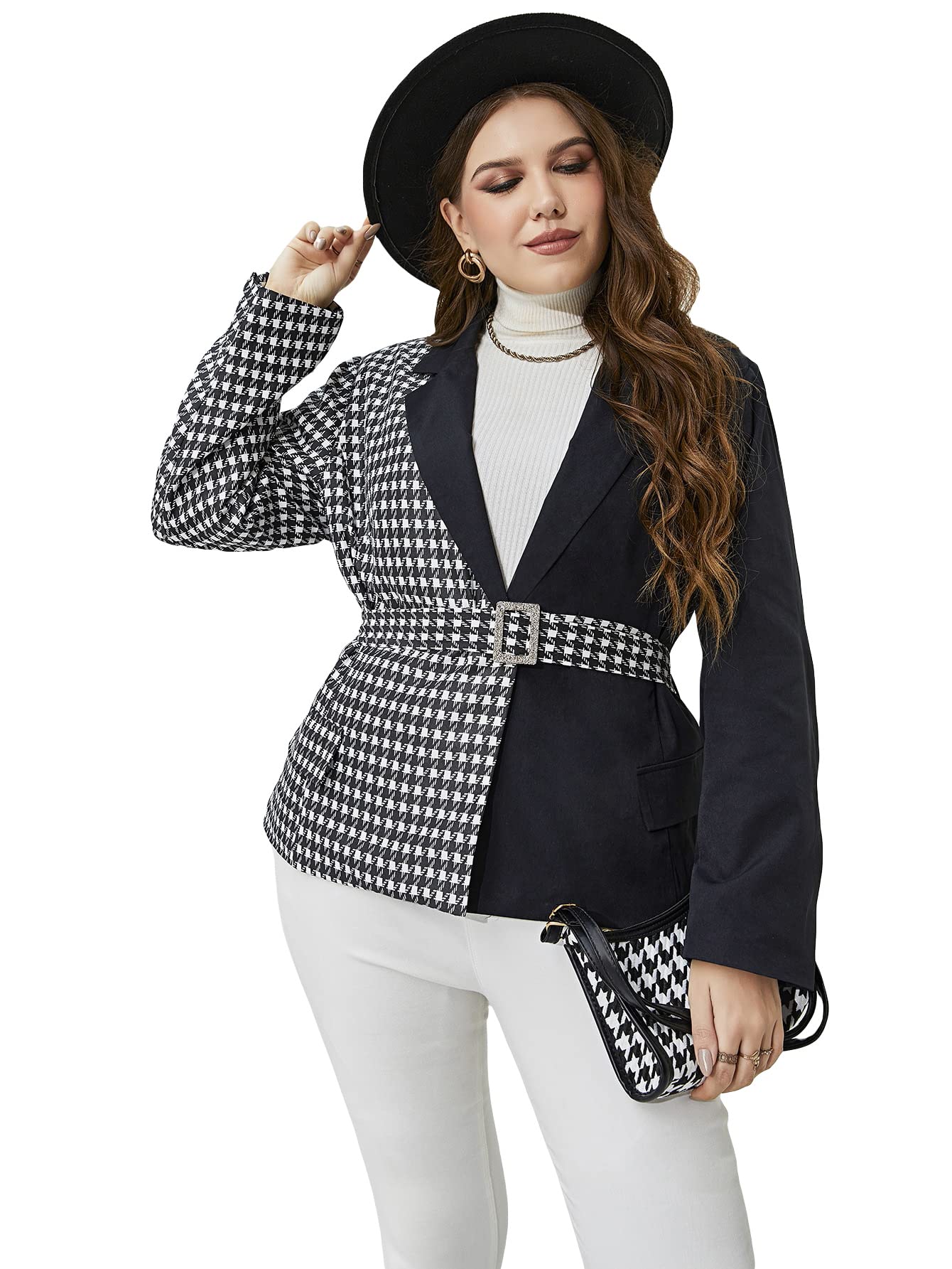 WDIRARA Womens Plus Size Colorblock Long Sleeve Houndstooth Belted Blazer Jacket