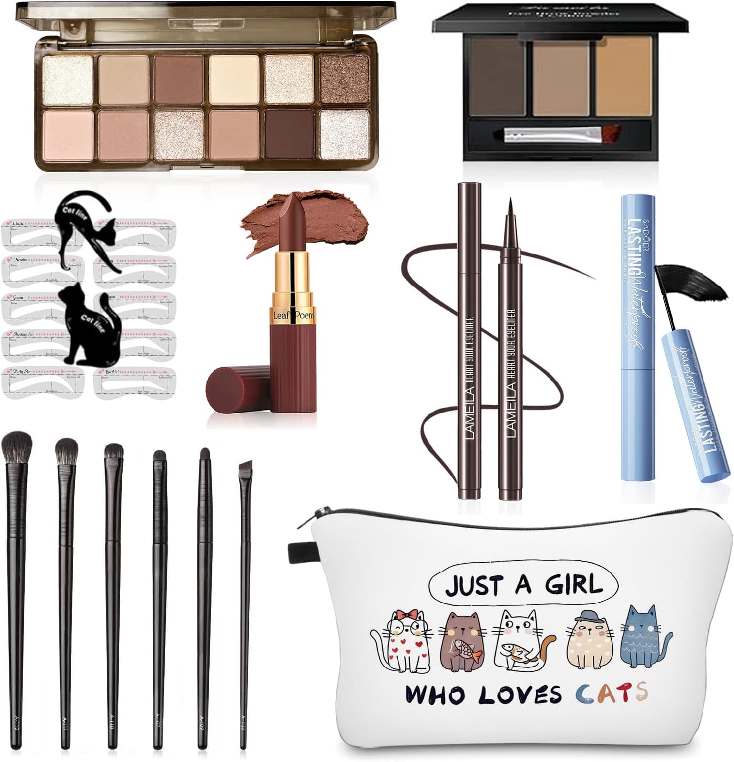Basic Eye Makeup Kit for Women, 90s Neutral Eyeshadow, Brow Powder, Brow Stencils, Cat Eyeliner Guides, Taupe Matte Lipstick, Cat Lover Cosmetic Bag & etc. - Perfect Makeup Gift Set for Girls & Teens.