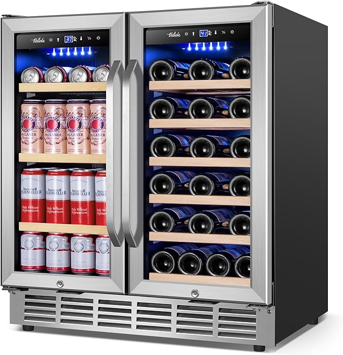 Velieta 30-inch dual zone wine and beverage refrigerator built into cabinetry
