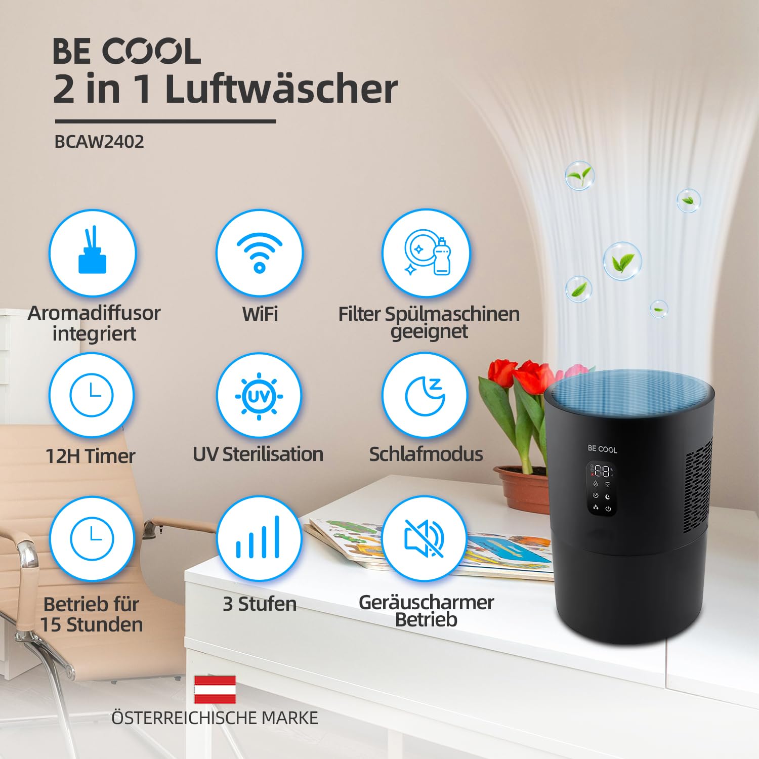 Be Cool 2 w 1 oczyszczacz powietrza i nawilżacz powietrza z funkcją sterylizacji UV, filtr parowania, 3 poziomy wilgotności powietrza, wskaźnik temperatury pomieszczenia i wilgotności powietrza,