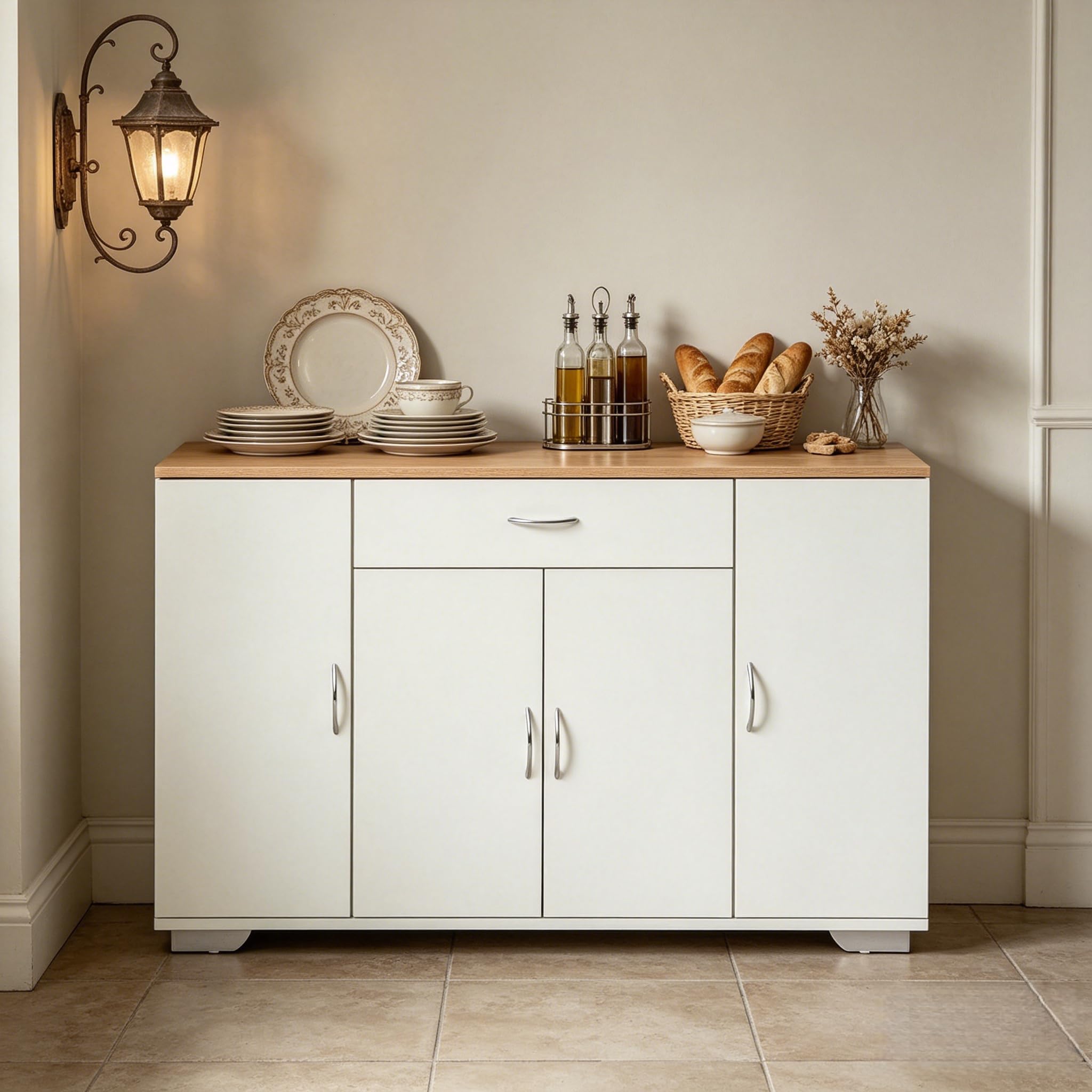 Buffet de Cuisine 110x30cm, Meuble de Rangement avec 4 Portes, 1 Tiroir, Étagères Réglables, Crédence Blanche avec Plateau en Chêne, pour Cuisine/Salle à Manger, 74cm de Haut