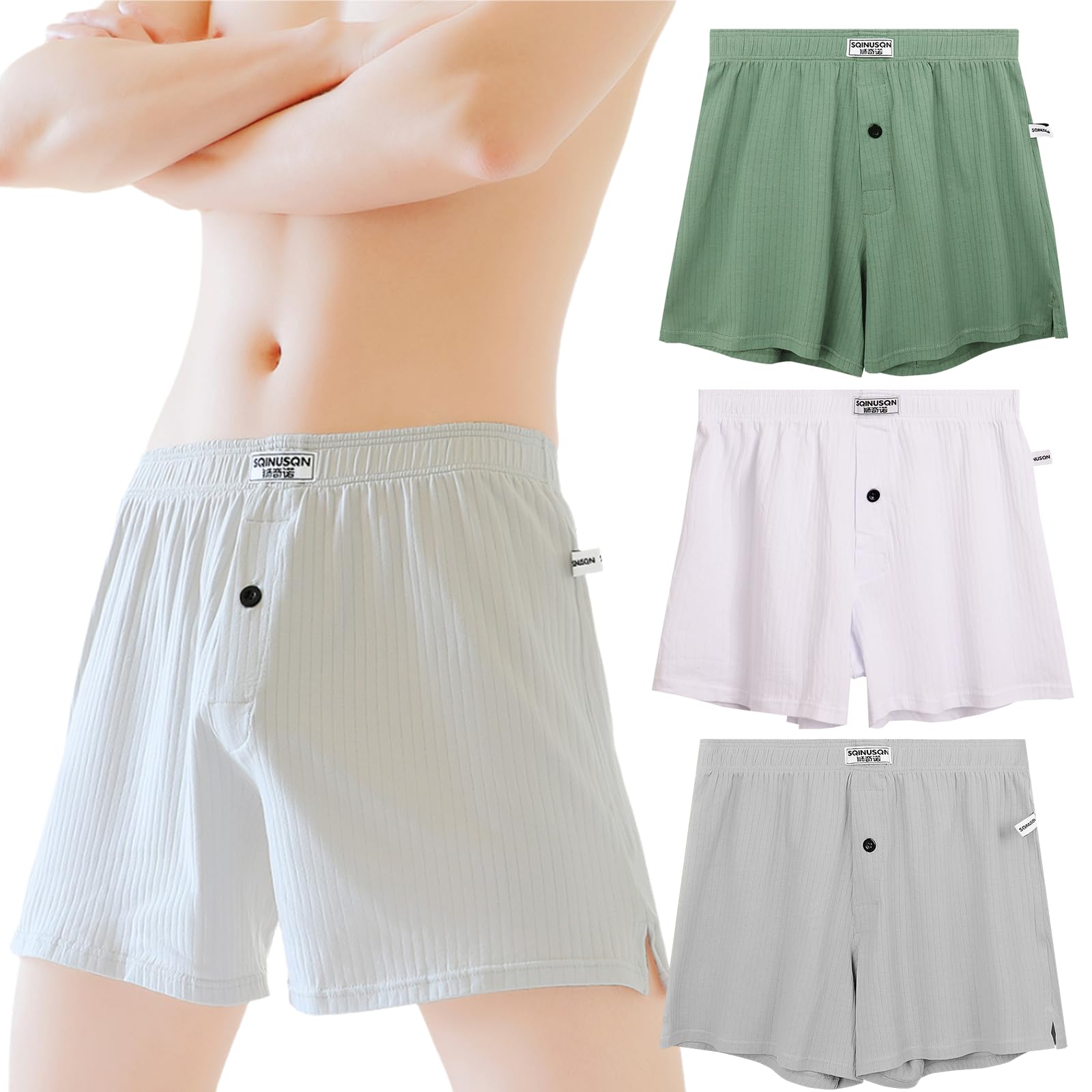 Men's Cotton Boxer Shorts, Soft Button Front Cotton Blend Breathable Everyday Wear, 3-Pack