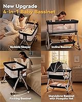 Vista 2 de Moisés 4 en 1 para Bebé Durmiente de Cabecera, Moisés de Cabecera con Ruedas, Moisés Ajustable de 6 Alturas con Colchón Suave, Mosquitero, Juguete