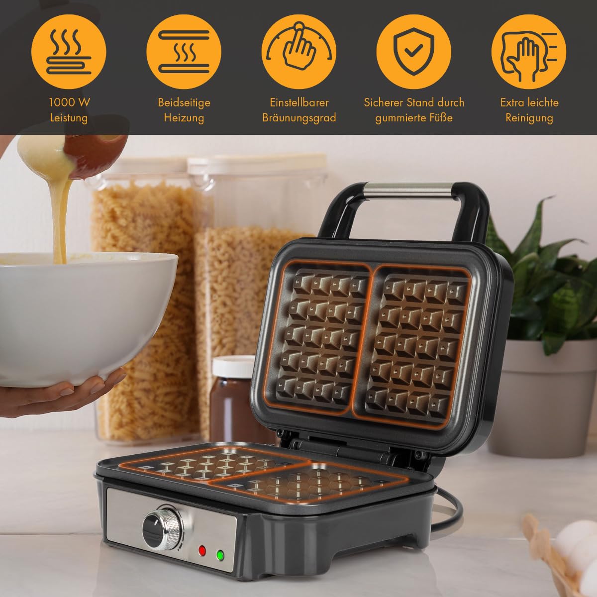 ProfiCook Plancha para gofres belgas con 2 superficies para hornear, 1000 vatios de acero inoxidable con revestimiento antiadherente, grado de bronceado variable, PC-WA 1240