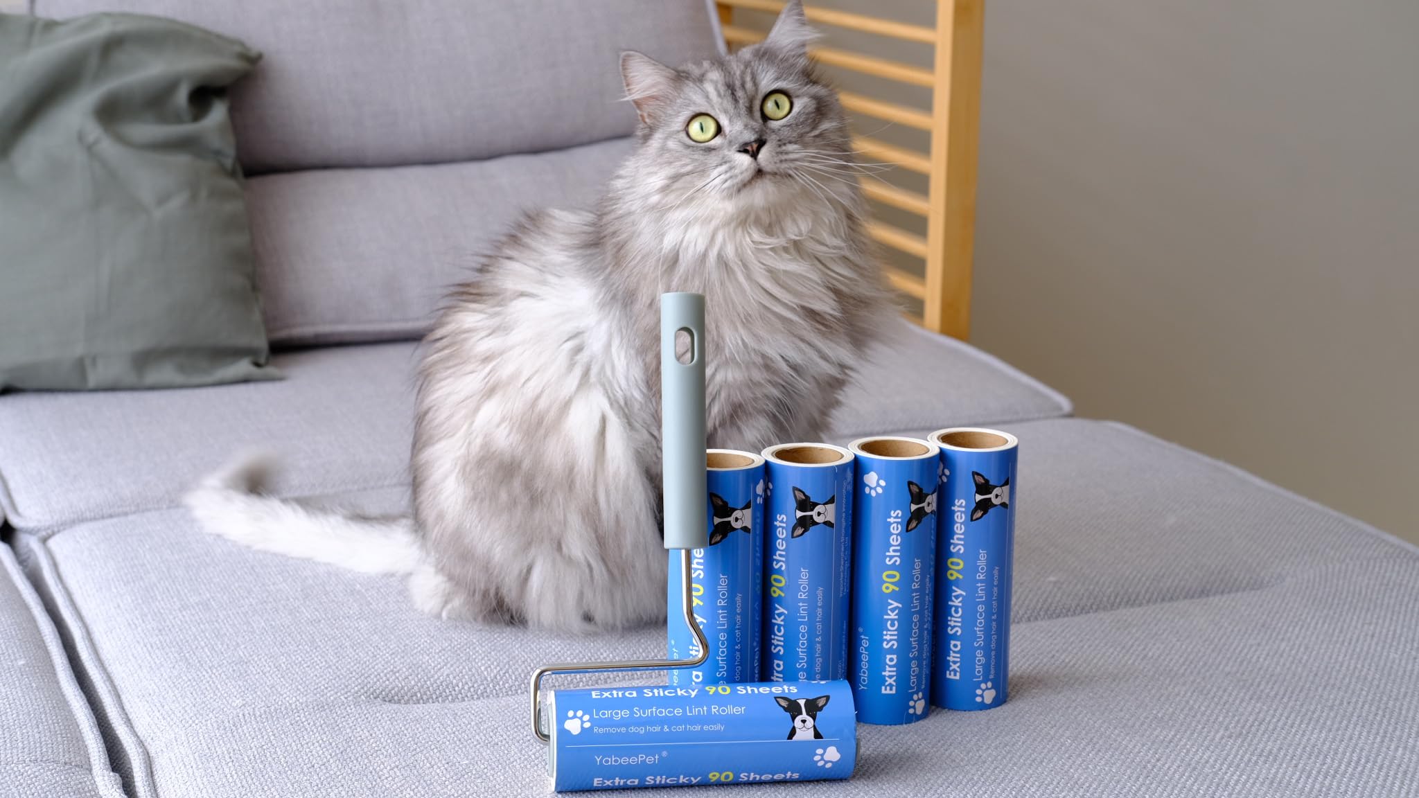 Extreme Sticky - Rodillo de pelusa de gran superficie, removedor de pelo de mascotas, mango largo, diseñado para eliminar el pelo de mascotas, perros, gatos, 90 hojas, 6.3 pulgadas de ancho